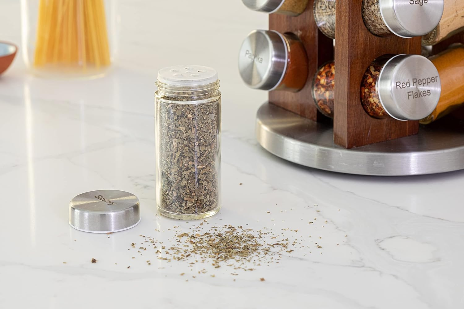 Orii 20 Jar Dark Acacia Wood Spice Rack with Spices Included - Rotating Tower Organizer for Kitchen Spices and Seasonings, Free Spice Refills for 5 Years (Dark Stained Acacia Wood) image number 3