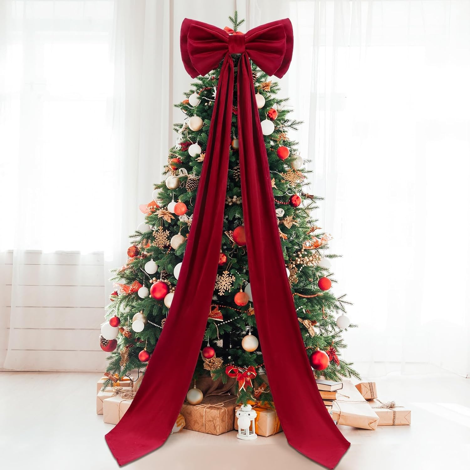 Koeay Christmas Tree Topper Bow, 75X18 Inch Extra Large Red Velvet Bows for Room Wall Backdrop, Home Christmas Tree, Large Bow Ribbon Tie for Wedding Christmas Fall Birthday Party (Wine Red, Velvet) image number 5