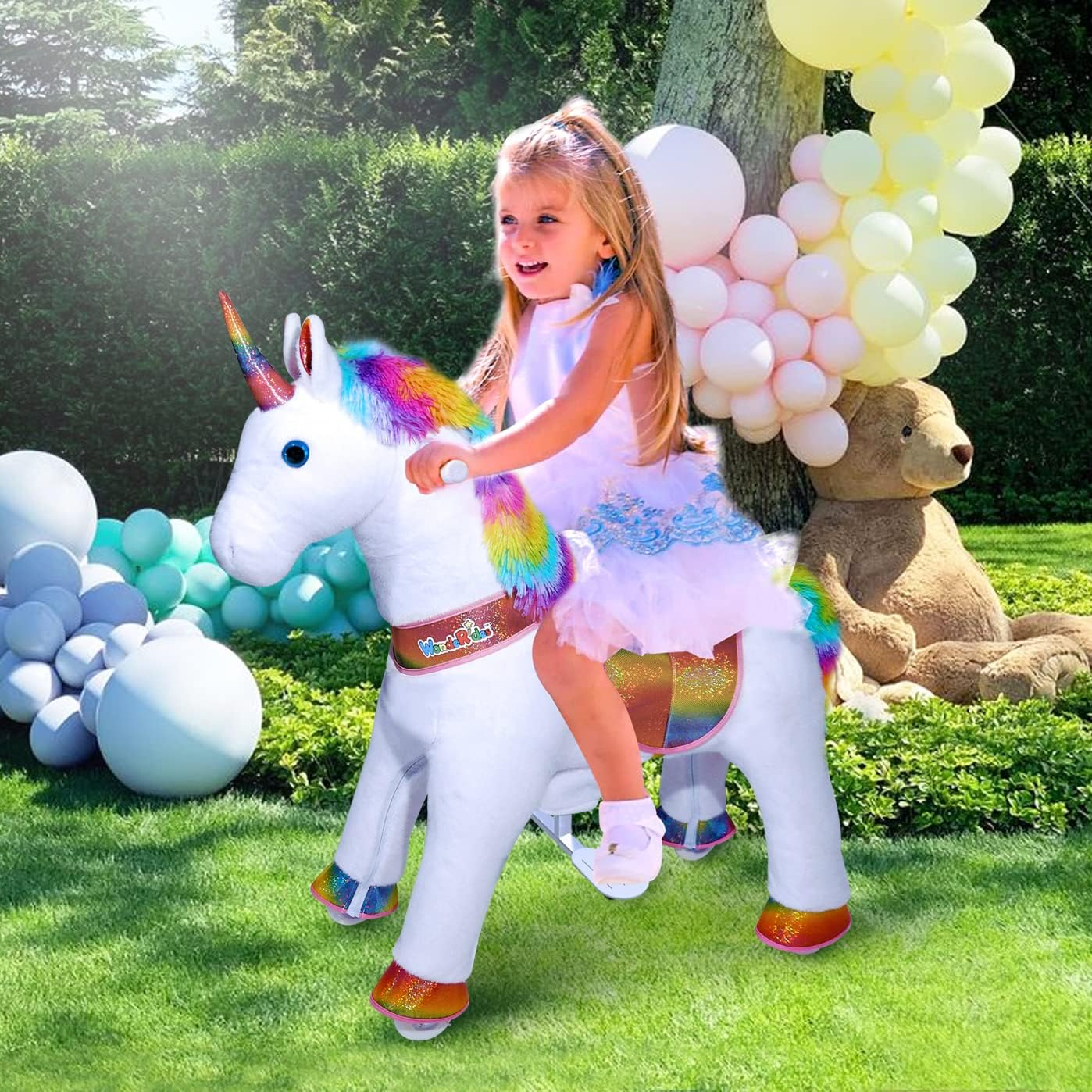 Wonderides Ride on Unicorn Plush Horse Toy for Girls Walking Animal Giddy up Pony Medium for Age 4-9 (35.8 Inch Height), Mechanical Riding Horse with Wheels image number 1