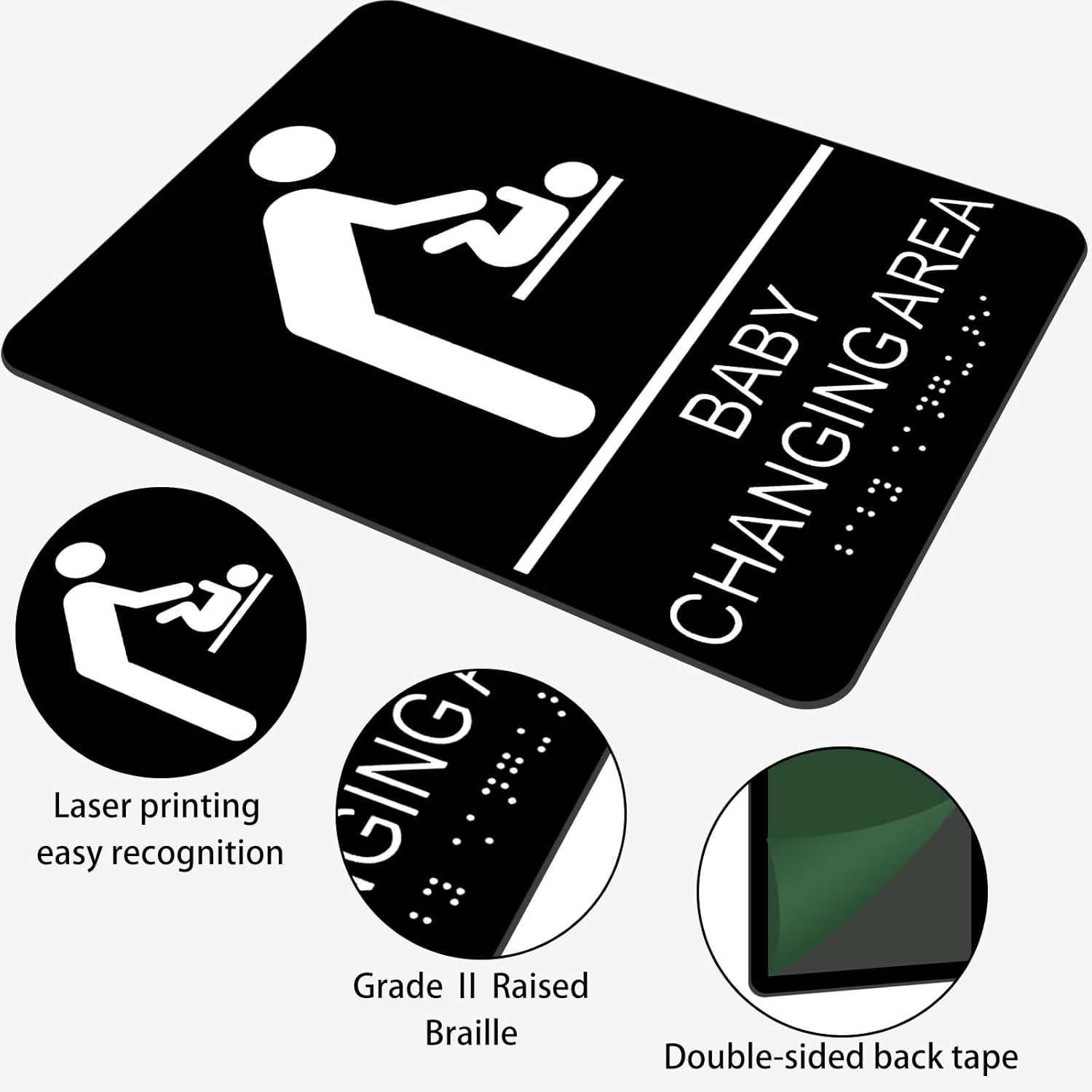 Baby Changing Area Sign for Business, ADA Compliant Braille Restroom Sign, 8.27 X 5.9 Inch Diaper Changing Station Sign with Adhesive Back, Black Acrylic Baby Changing Station Sign image number 6