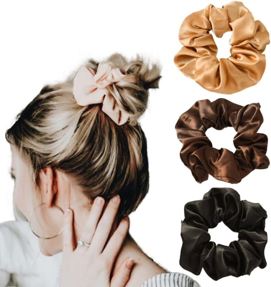 Pack of 20 Plain Hair Bobbles for Women, Satin Silk Scrunchies, Elastic Hair Bands, Soft Hair Rings, Hair Accessories, Ponytail Holder for Girls, Women, Beige image number 2