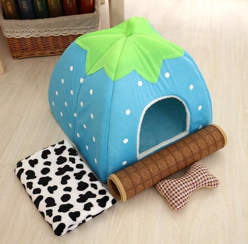 KOMUNJ Small Animal Winter House, Multifunctional Warm Bed, Strawberry Design, Soft Pet Sleeping Bag, Dog Kennel, Cat Cave, Dog, Cat House, Sleeping Bag with Removable Mat (S, Blue) image number 4