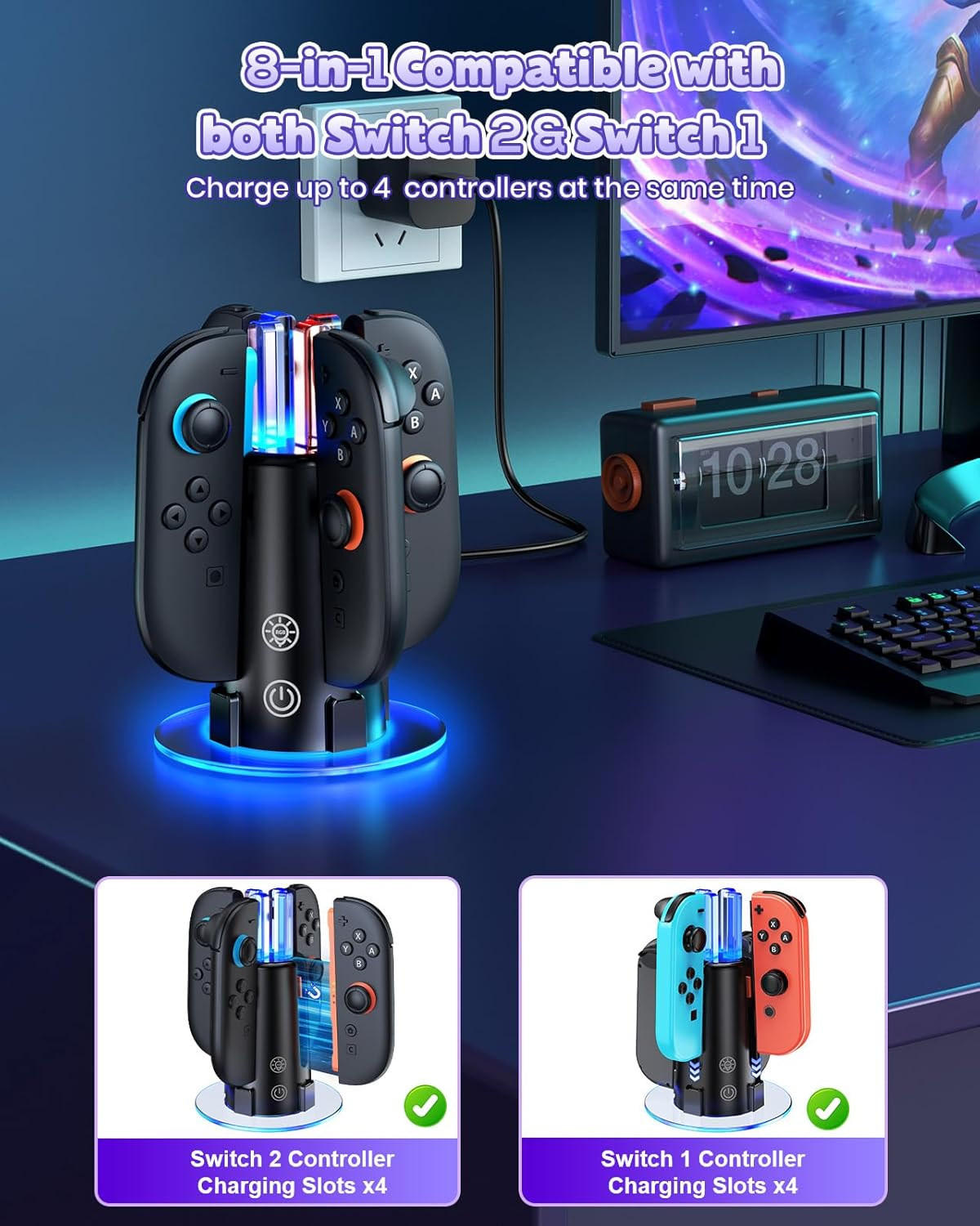 [Switch 2/1 Both] Controller Charger Dock Station, 8 in 1 Dual-Direction Magnetic Vertical Charging Stand for Joycon 2 Witch Transparent Acrylic Display Base & LED Indicators for Nintendo Switch 2/1 image number 2