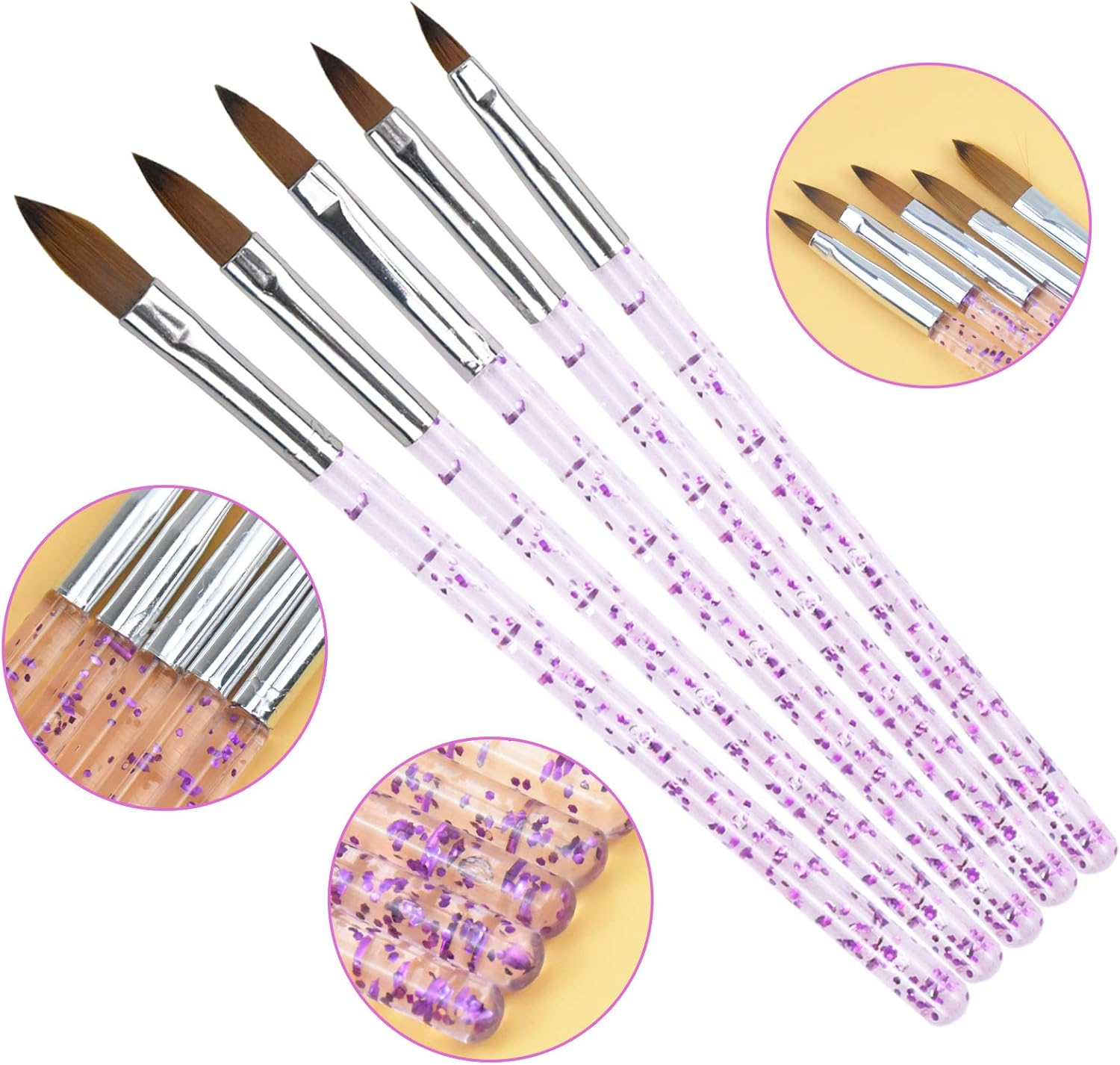 Avodova 5Pcs Nail Brush for Acrylic Powder, Nail Brush Pens with Glitter Handle, Nail Art Brushes Set Different Size, Nail Design Painting Brush Tools for UV Gel Nail, DIY Nail Art Decoration image number 4