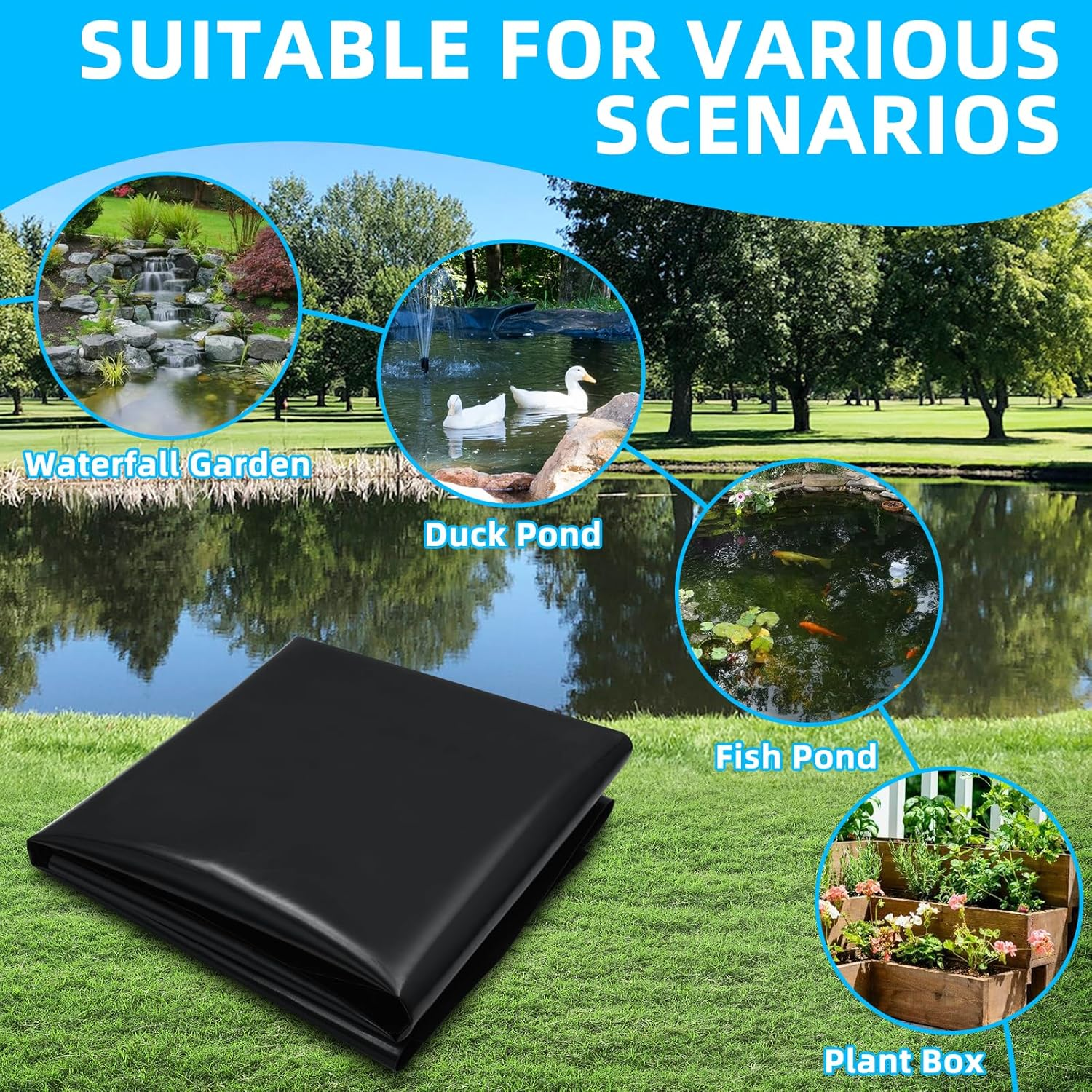 6Mx6Mx0.5Mm HDPE Pond Liner, Thick Heavy-Duty Garden Pool Underlayment Membrane &ndash; Black Waterproof Fish Pond Liner for Koi Ponds, Garden Streams, Waterfalls & Outdoor Landscaping (Extra Large) image number 6