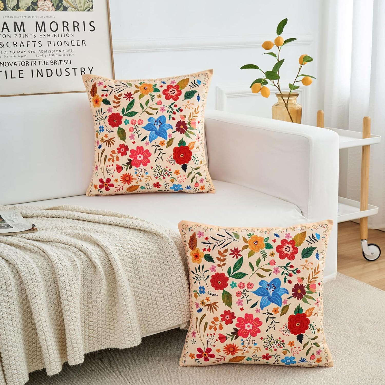 EDTOY Floral Pillow Covers 16X16 Set of 2,Beige Farmhouse Floral Pillow Covers Decorative Double Sided Pattern Cushion Cover Soft Pillow Case for Living Sofa Room Bed Porch Patio Square Pillow Cover image number 2