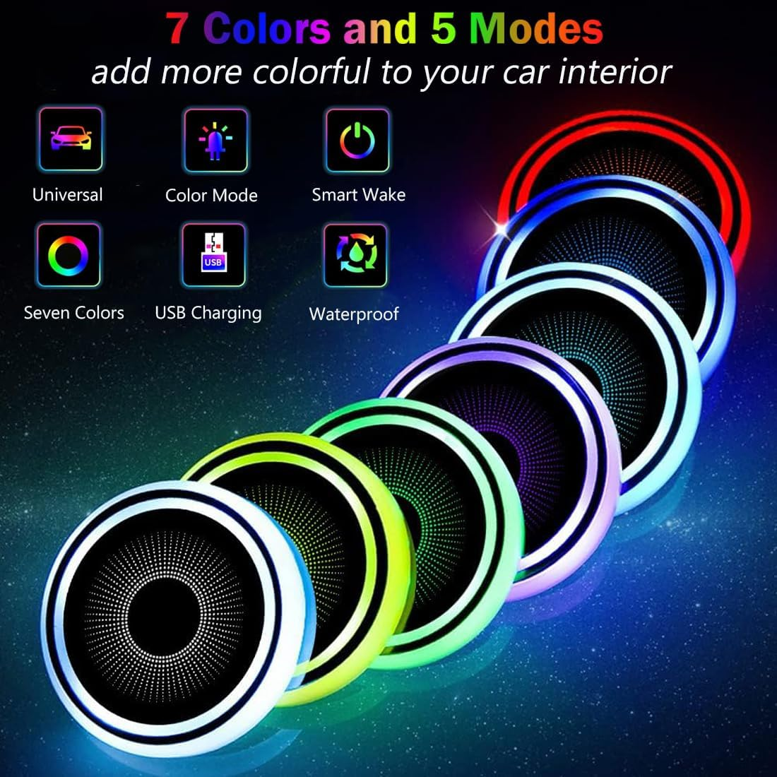 2 Pcs LED Car Cup Holder Lights,Usb Charging Car Coasters,7 Colors Luminescent Light Cup Pad,Luminescent Cup Pad Interior Atmosphere Lamp Decoration Light image number 3