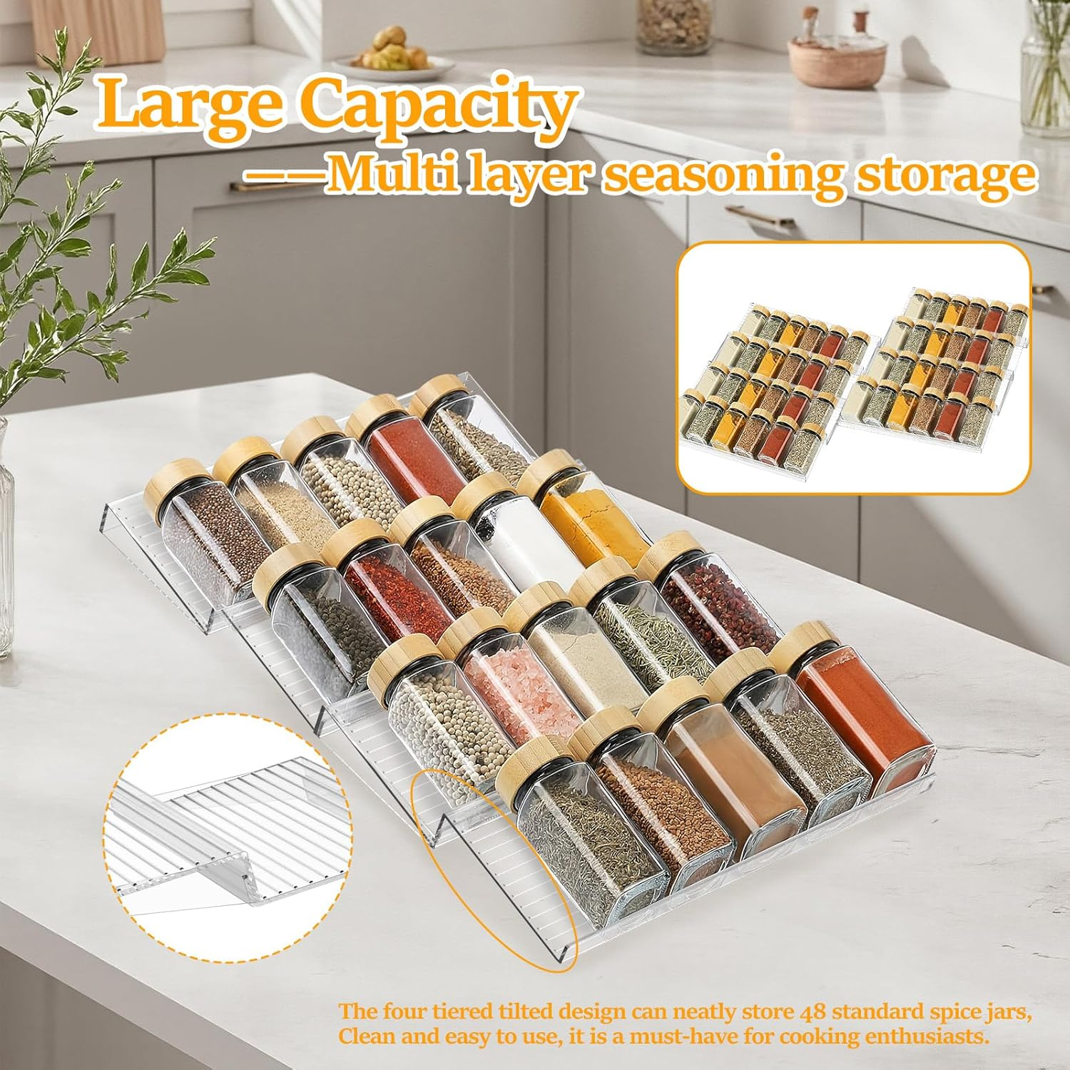 NIPUAEGO 4Pcs/8Pcs Spice Drawer Organizer, Expandable Spice Seasoning Holder Storage Organisation for Drawer Countertop Kitchen Cabinet (Style2)