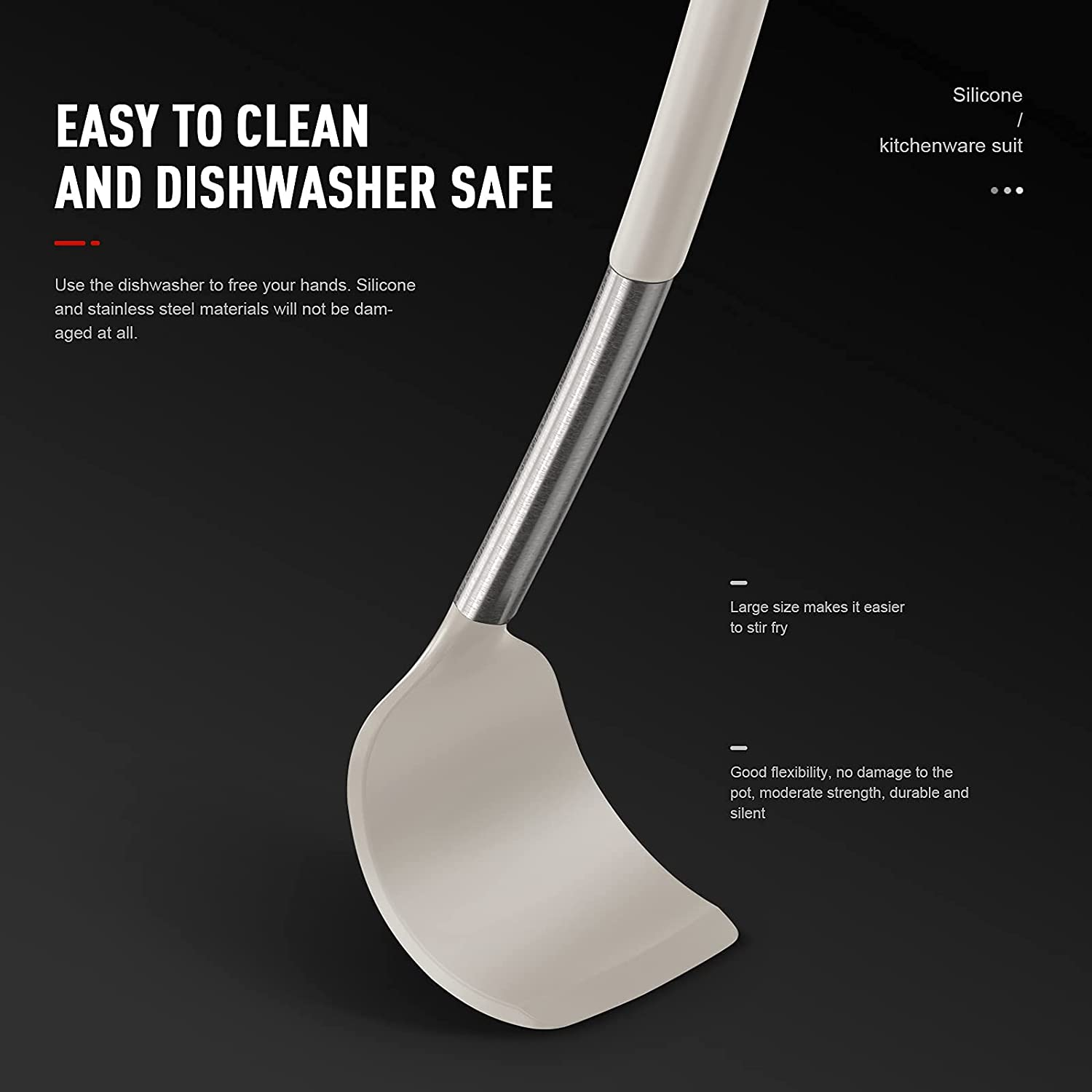 Large Silicone Cooking Utensils Set - Heat Resistant Kitchen Utensils,Turner Tongs,Spatula,Spoon,Brush,Whisk,Stainless Steel Silicone Cooking Tool for Nonstick Cookware,Dishwasher Safe (Khaki) - Black image number 3