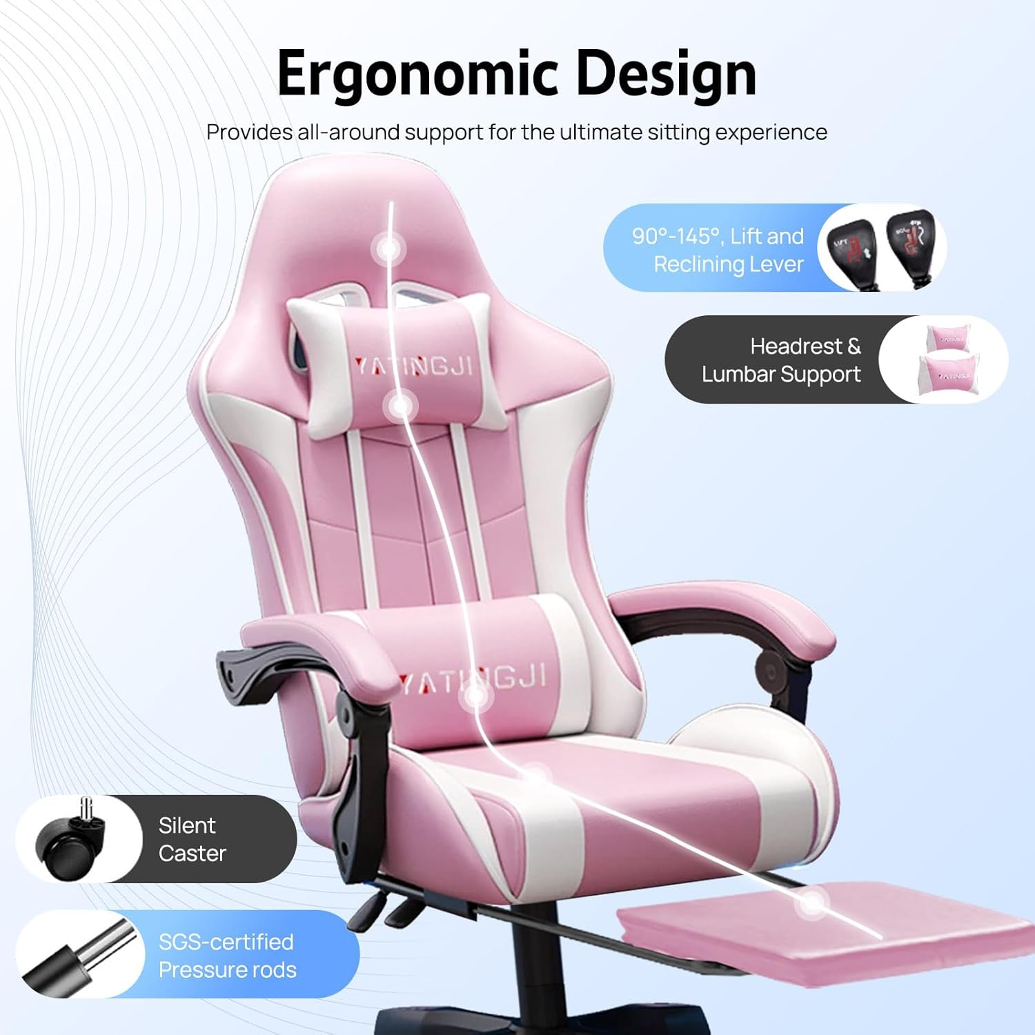 Gaming Chair,With Head Cushion,Height Adjustable,Pu Leather Racing-Style Executive Seat,Reclining Capability,Suitable for Office Chair (Pink and White with Head Cushion) - Blue image number 5