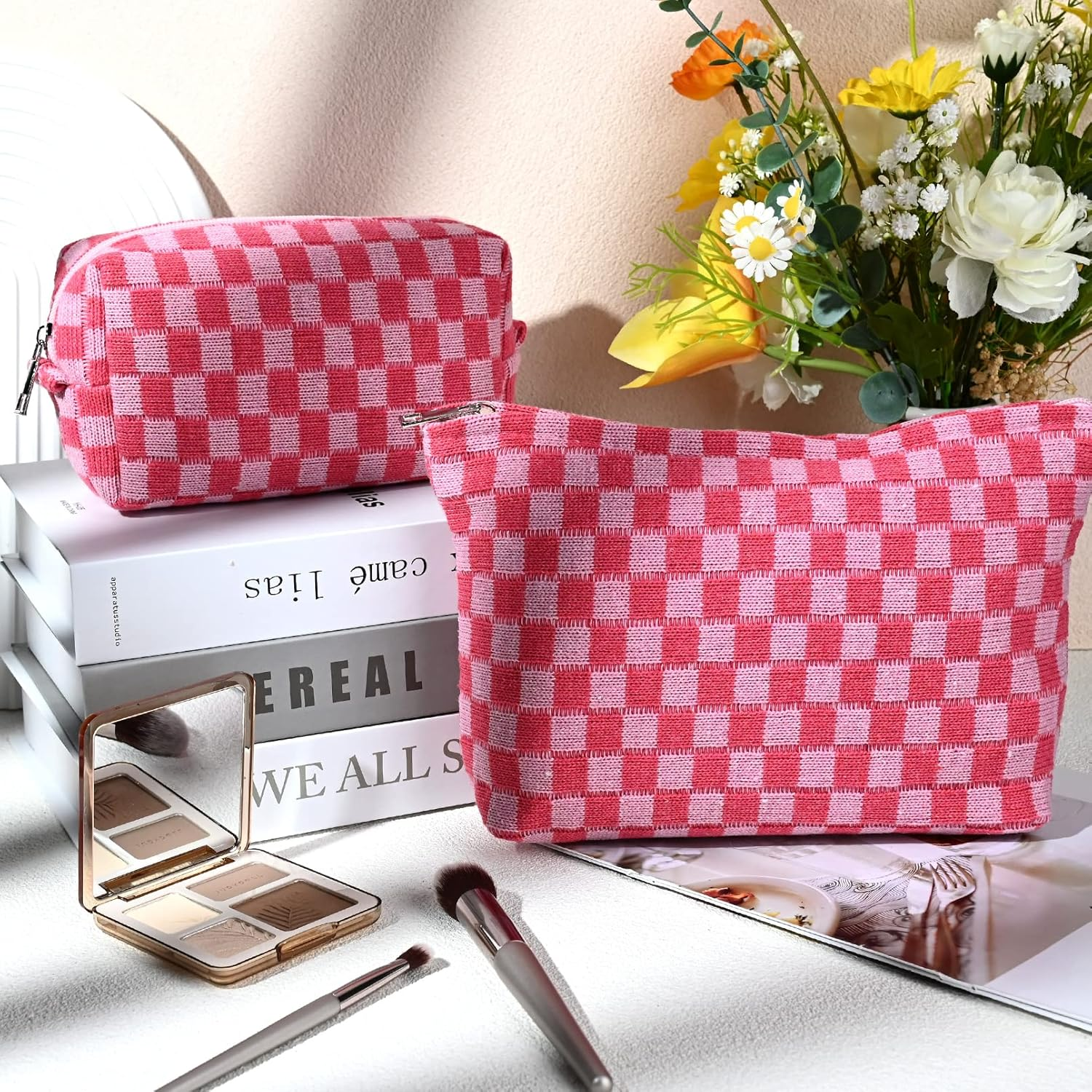 SOIDRAM 2 Pieces Makeup Bag Large Checkered Cosmetic Bag Pink Capacity Canvas Travel Toiletry Bag Organizer Cute Makeup Brushes Aesthetic Accessories Storage Bag for Women