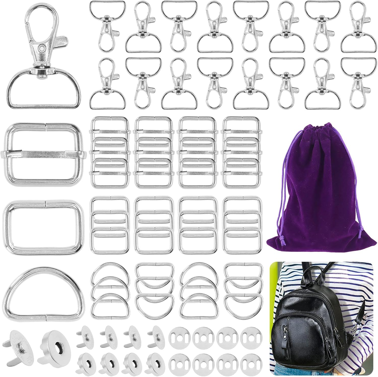 Mardatt 100 PCS 3 Colors Hardware Buckles Kit Including D-Ring, Triangle Slide Square Rings Magnetic Snap Swivel Clasp Hooks, Black