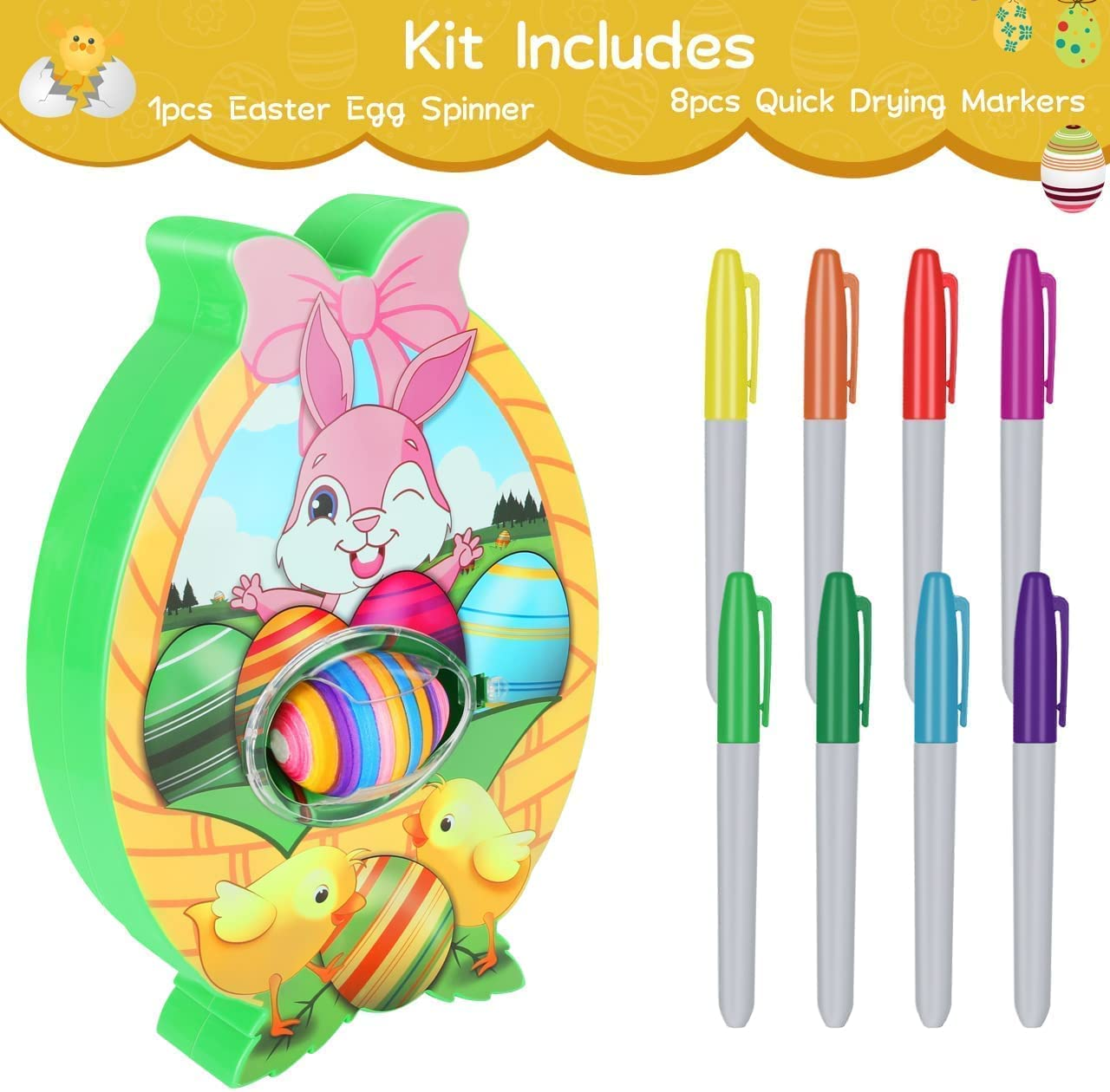 Easter Egg Decorator Kit, Egg Painting Kit with Egg Spinner, Easter Egg Coloring Kits with 3 DYE Eggs, 8 Colorful Quick Drying Markers, DIY Easter Eggs Painting Decorating for Kids Gifts image number 1
