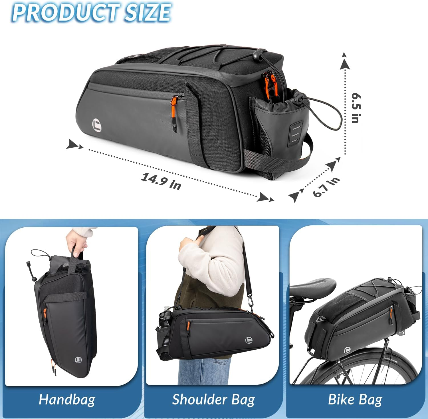 WOTOW Bike Rear Rack Bag - Waterproof Bicycle Trunk Back Seat Bag &ndash; Reflective Commuter Bag with Shoulder Strap