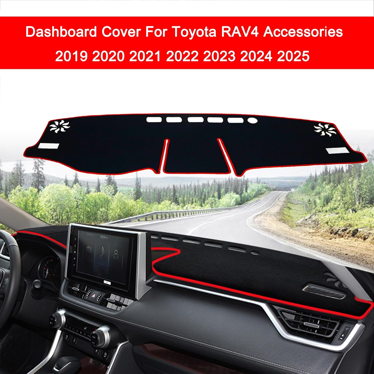 SENSHINE for Toyota RAV4 Accessories 2019 2020 2021 2022 2023 2024 2025 Dashboard Cover Center Console Cover Dash Mat Carpet Protector Sunshield Cover Custom Fit, Red Trim image number 1