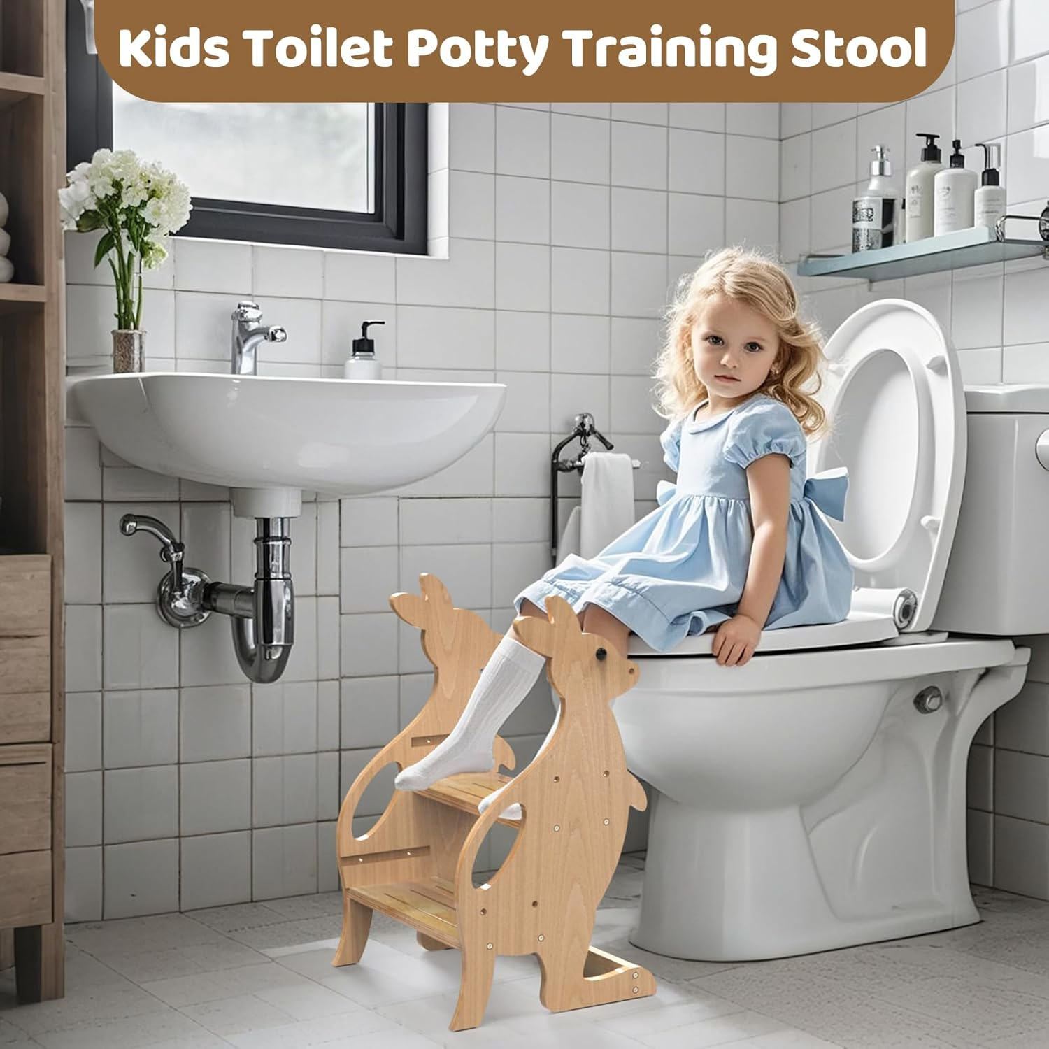 Wooden Kitchen Step Stool Helper for Bathroom Sink, Adjustable 2 in 1 Toddler Tower with Safety Rail and Anti-Slip Steps, Kids Learning Standing Tower for Counter, Toilet Potty Training (Natural) - Black image number 3
