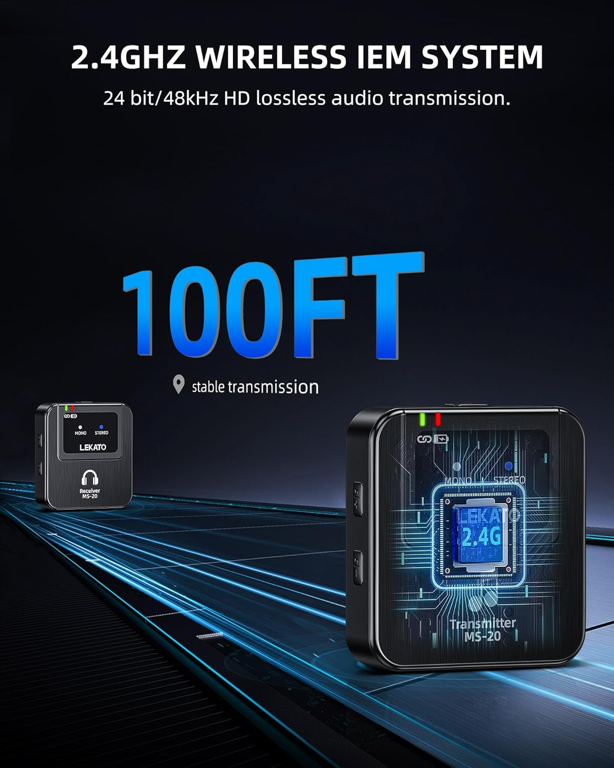 LEKATO Wireless In-Ear Monitor MS-20, 2.4G IEM System Low Latency, with Beltpack Transmitter Auto-Pairing Receiver, OTG Support, One to More, In-Ear Monitoring for Live Performance Singer Band Starter