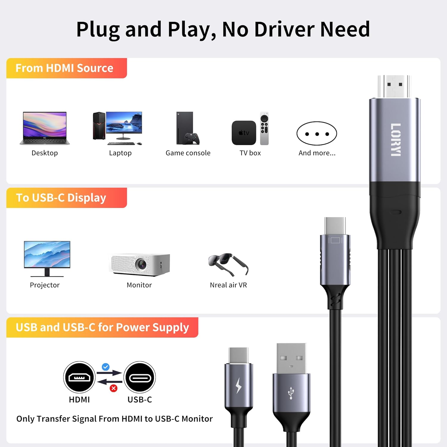 HDMI to Type-C Cable, 4K@60Hz, HDMI to USB C 8.2Ft, USB-C Powered, HDMI to USB Type-C, for Xreal Nreal Air, Mobile Monitors, XREAL Beam, Touch Functionality,Switch, Steam Deck,Ps5,Studio Display image number 1