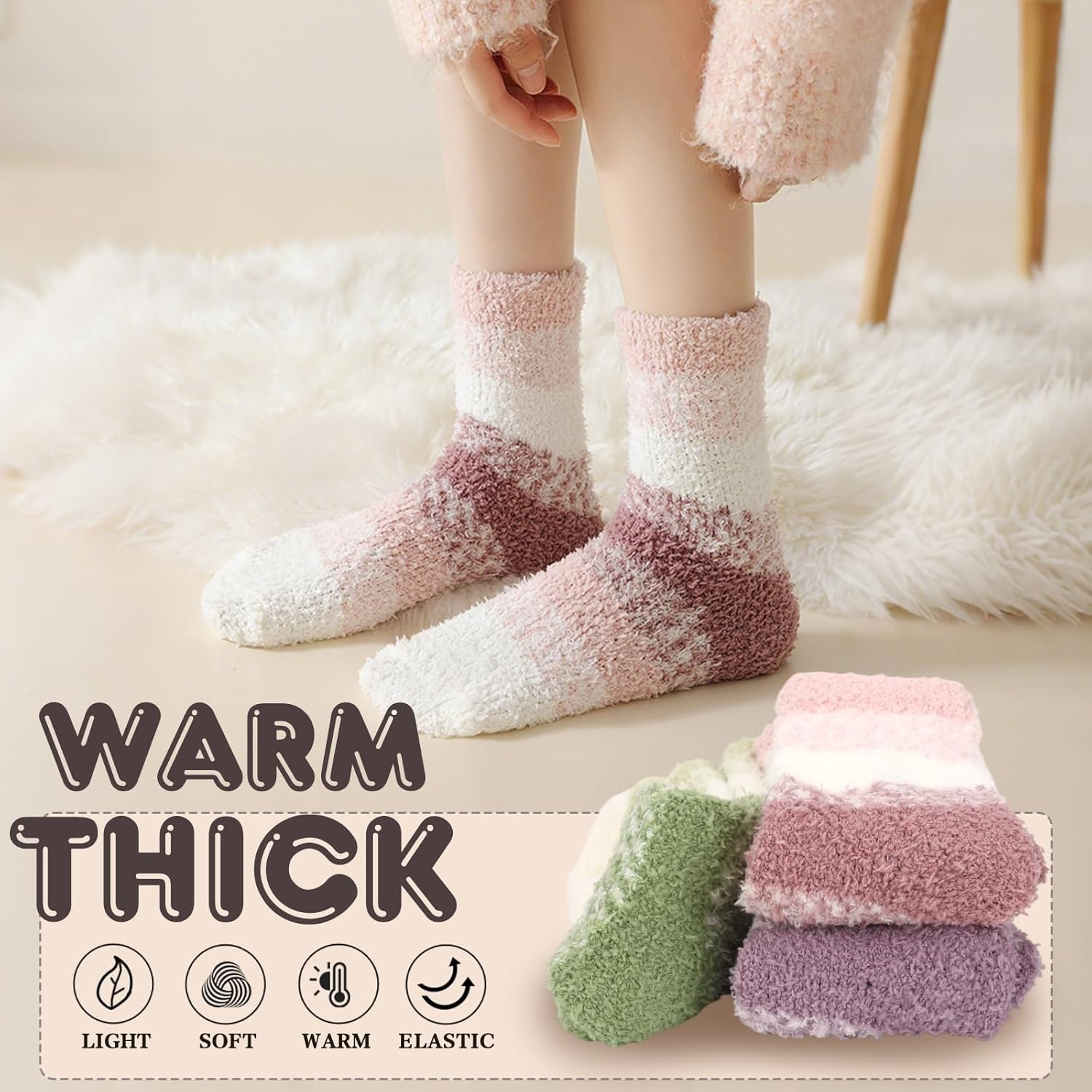 3 Pairs Women'S Fluffy Fuzzy Winter Warm Socks Soft Cozy Plush Slipper Socks for Cold Weather - Grey+Khaki+Navy image number 2
