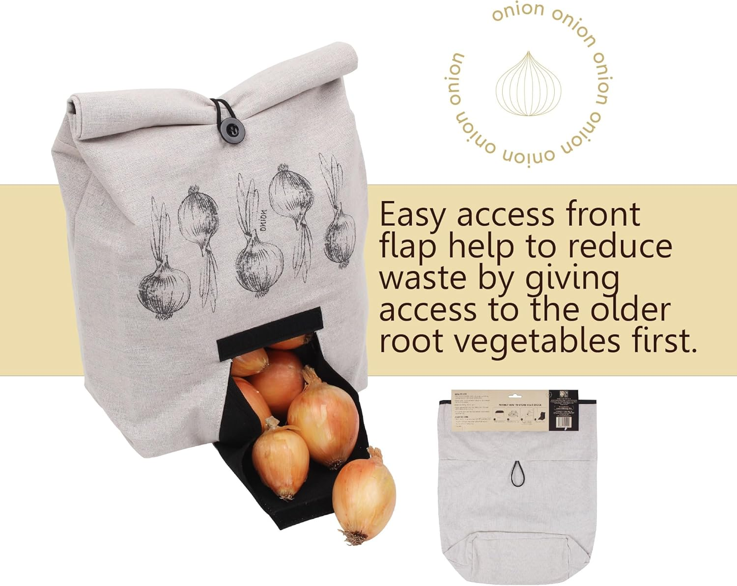 Eco Basics Onion Bag &ndash; Breathable Linen-Look Fabric, Blackout Lining, Easy Access Front Flap, Roll-Over Button Tie, 37 X 42 Cm, Ideal for Fresh Onion Storage & Reduced Waste image number 6