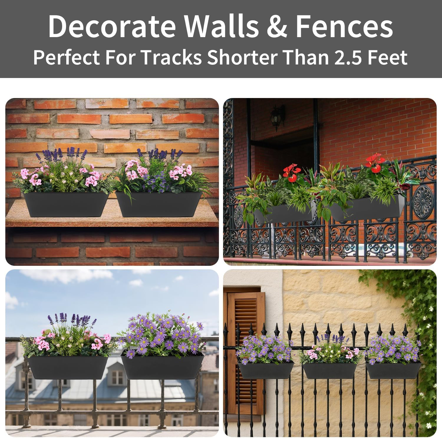 16 Inch Deck-Mounted Railing Plant Pots, Set of 3 Exterior Flower Box for Porch, Patio, Terrace (Black)