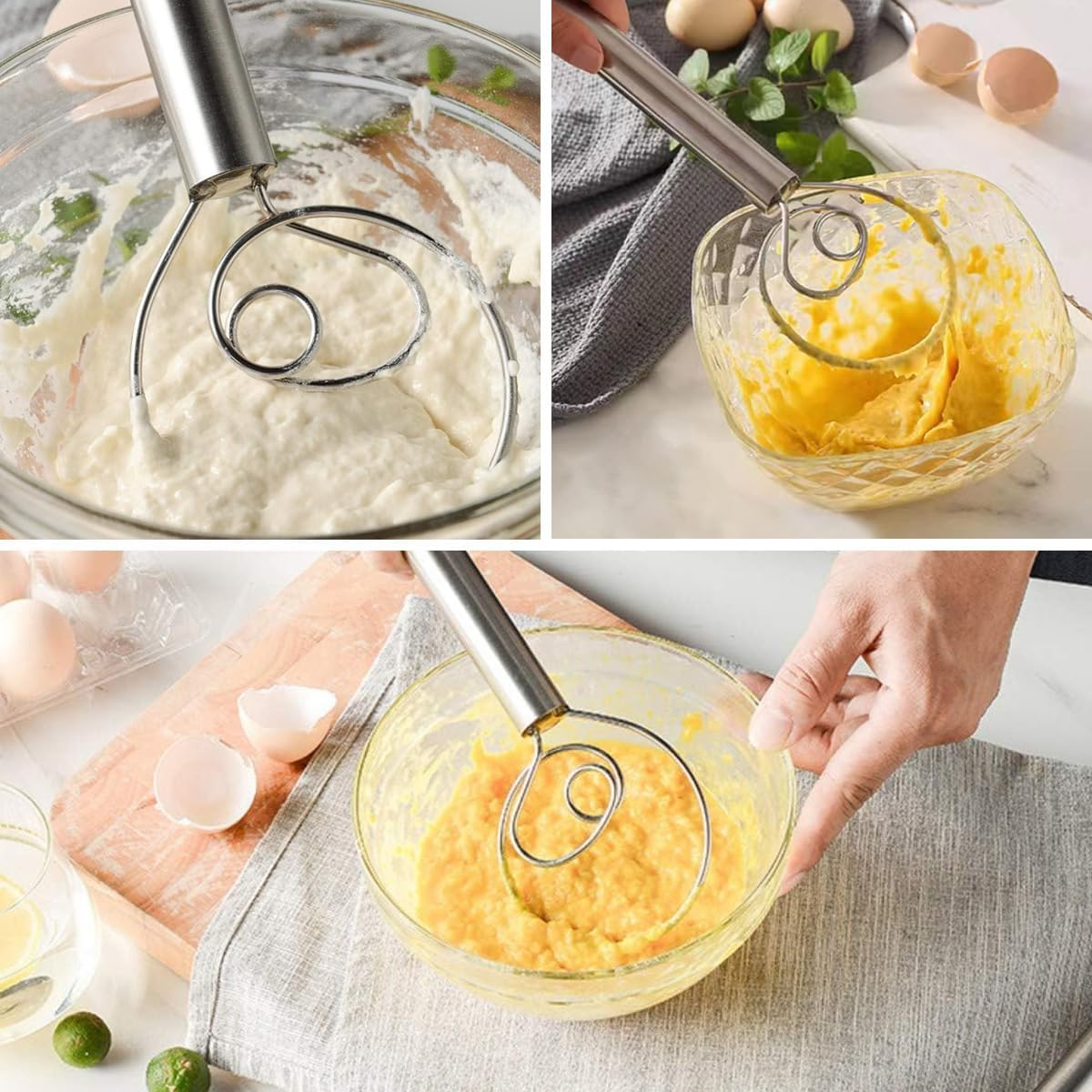 2PCS 30Cm Danish Dough Whisk Set 304 Stainless Steel Large Bread Dough Egg Whisk Hand Mixer Baking Tools for Cake Cookie Dessert Bread Pizza Pastry Food Biscuits image number 2