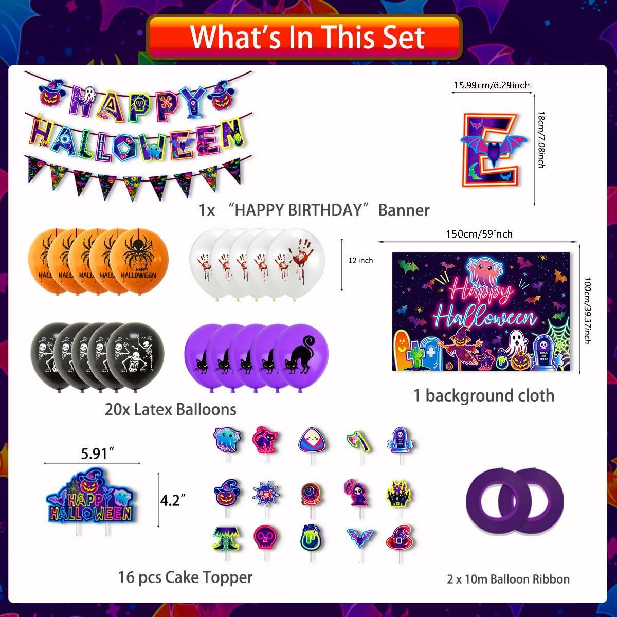 Neon Halloween Party Decorations Kit Glow in the Dark Halloween Background Banner Cake Toppers Balloons Ribbons 20 Pcs 12 Inch Latex Balloons for Black Light Halloween Decor Halloween Effect image number 5