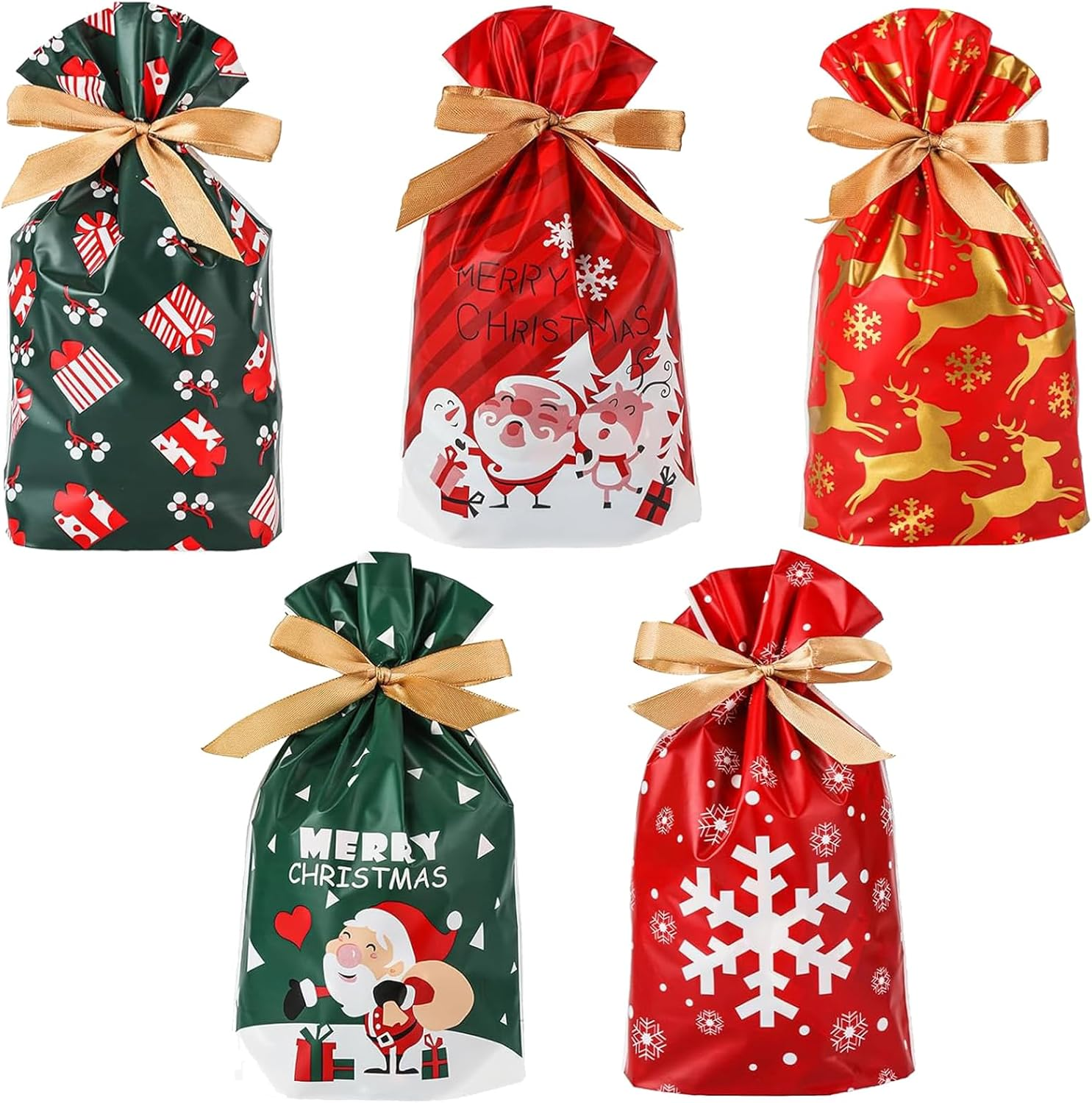 YQQZQ 50 Pcs Christmas Treat Bags,6X9 Inch 5 Assorted Classical Christmas Theme Drawstring Holiday Goodie Bags for Party Favor, Stand up Xmas Candy Bag image number 1