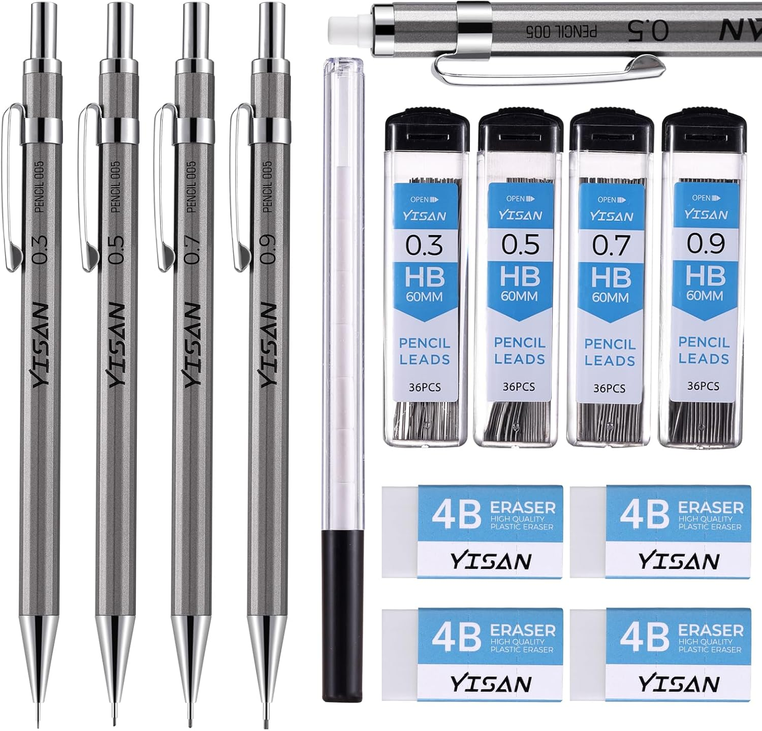 YISAN Metal Mechanical Pencil Set 0.3 & 0.5 & 0.7 & 0.9Mm,Automatic Pencil,Lead Pencils 4 PCS with Erases and HB Lead Refills for School Writing,Skeching,Drawing,70726