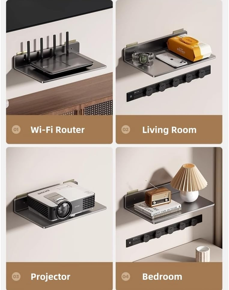 Wi Fi Router TV Projector Wall Mount Shelf Organizer Storage Holder Rack Stand,Projector Shelf,Floating Entertainment Center Shelves,Wall Mount Floating Small Grey image number 4