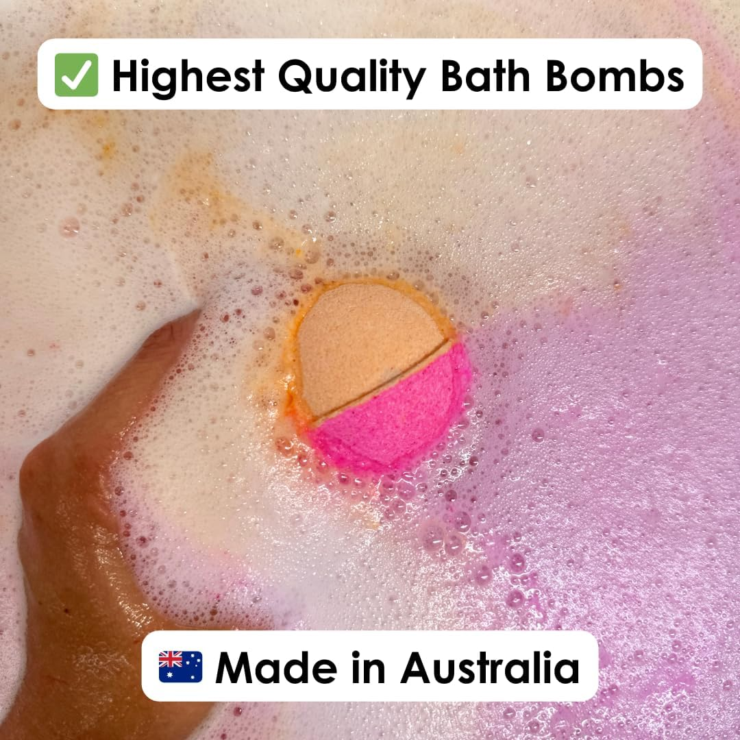 BATH BOX Gift Set, Bubble Bath Bombs, Bath Dust Soak, Natural & Handmade in Australia, Cotton Candy, Fairy Floss & Bubblegum Bath Fizz, 4 Piece Hamper Gift Box