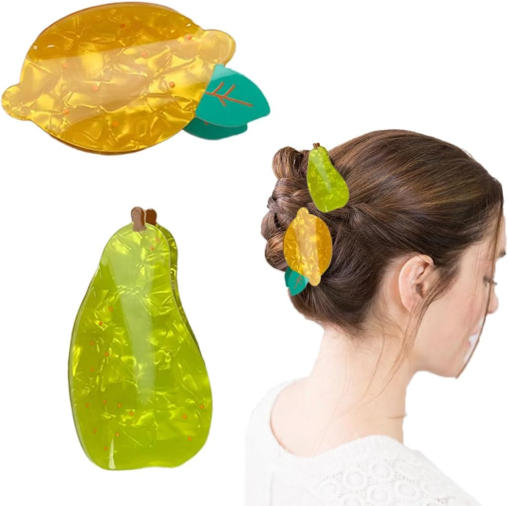 GXGM Set of 2 Fruit Hair Clips Lemon and Pear Shape, Summer Hair Clips for Girls, Cute Design, Suitable for Pool, Travel, Shower, Party, Date
