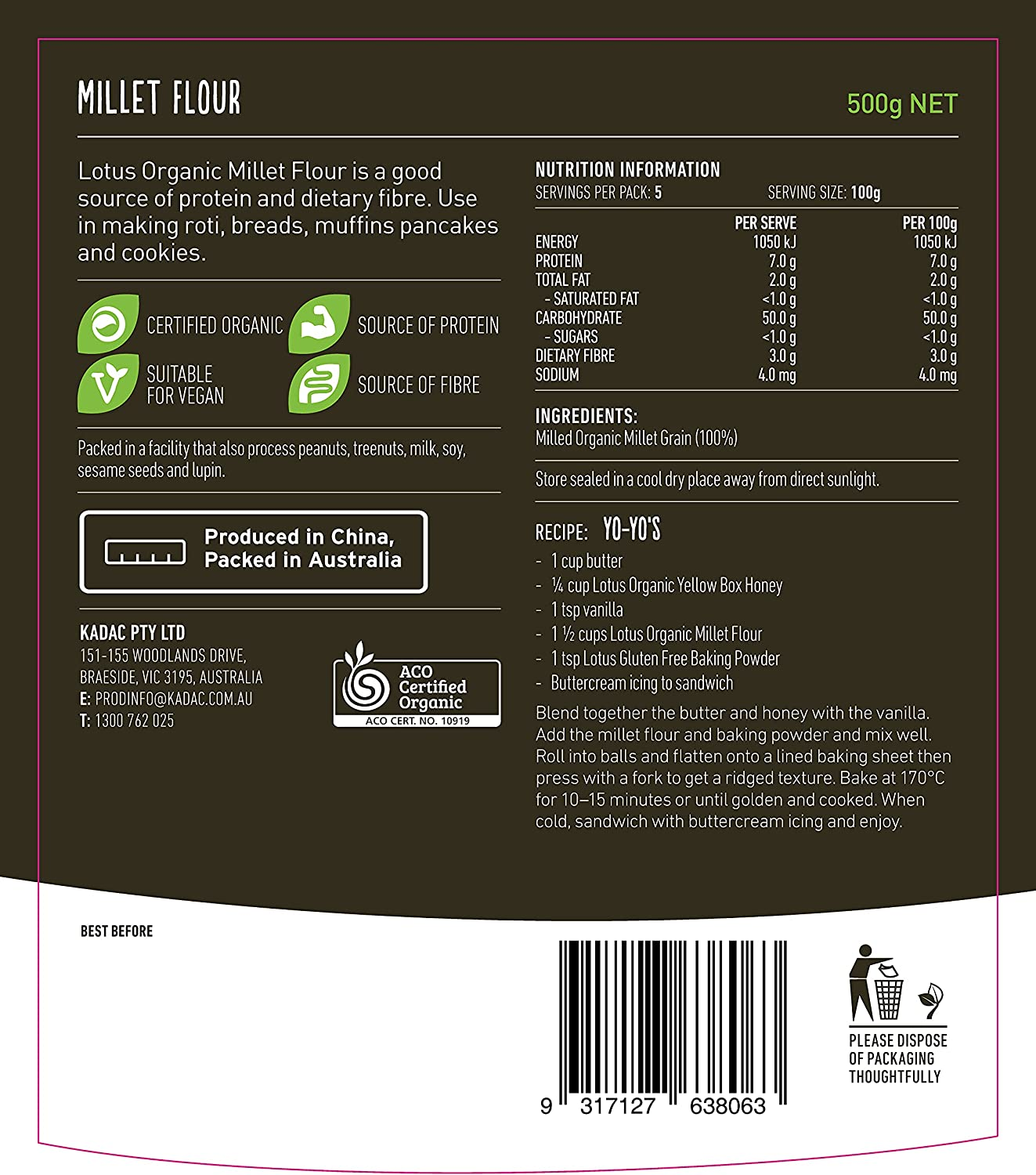 Lotus Organic Millet Flour, 500 G image number 2