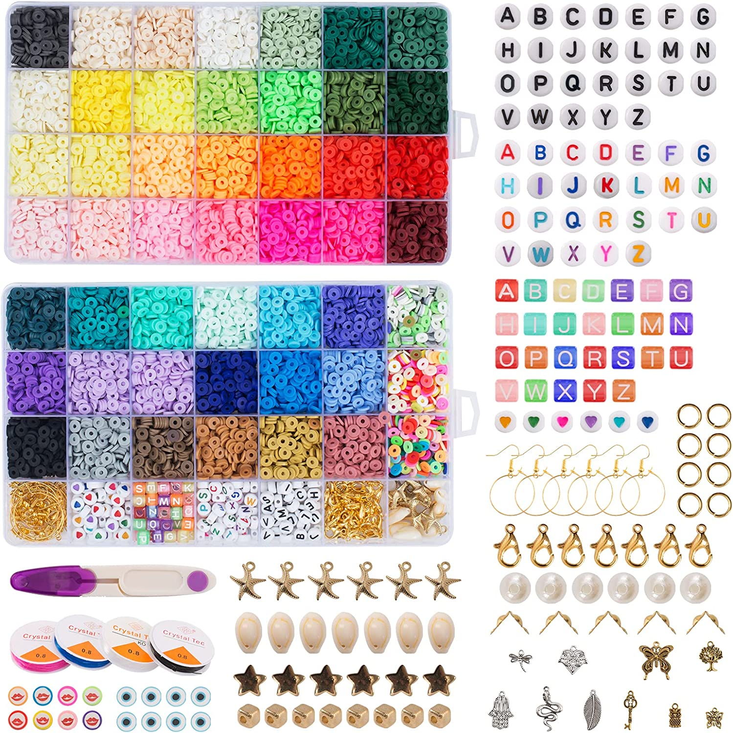 Maxzola Inc. 12870 Pcs Clay Beads for Bracelet Necklace Jewelry Making Kit, Polymer Flat round Beads with Elastic Strings Pendant Charms Set image number 1
