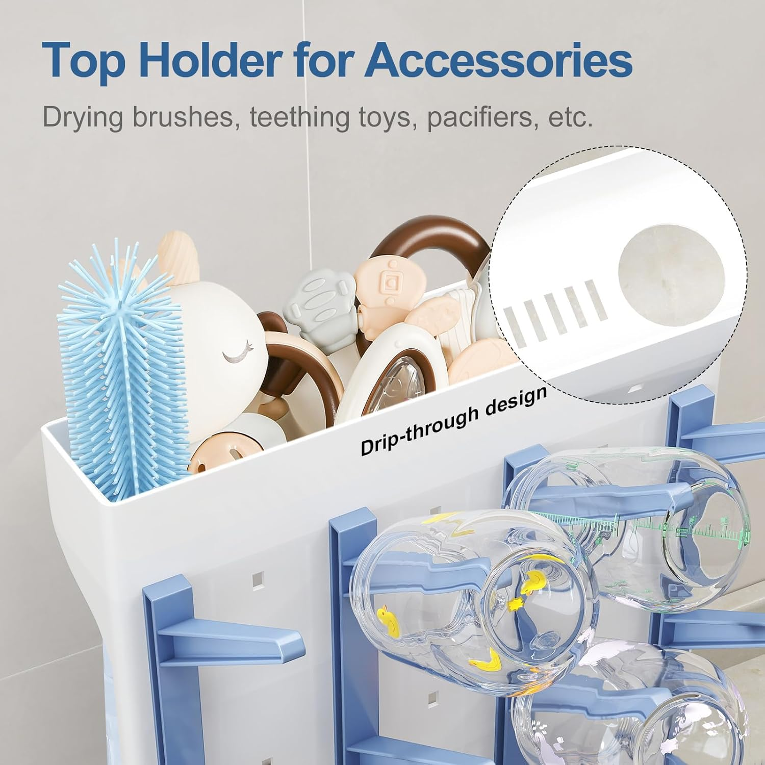 Baby Bottle Drying Rack Space Saving, Large Vertical Baby Bottle Storage Organizer & Bottle Dryer Rack for 12 Pc 8 Oz Bottles and Baby Accessories,Pump Parts,Pacifiers or Brush Stand - Blue image number 2