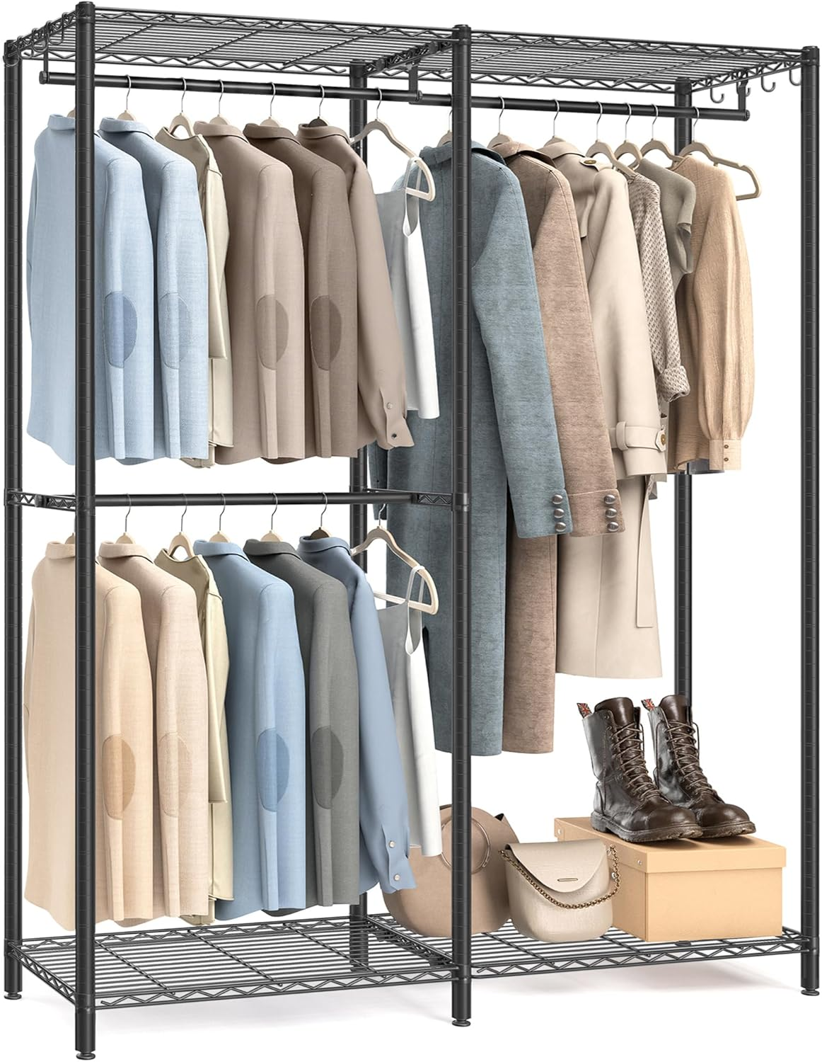 SONGMICS Clothes Rack, Freestanding Wardrobe Closet, Metal Clothing Racks, Heavy-Duty Garment Rack with Adjustable Wire Shelves, Hanging Rods, Hooks, Dividable, Ink Black ULGR423B01