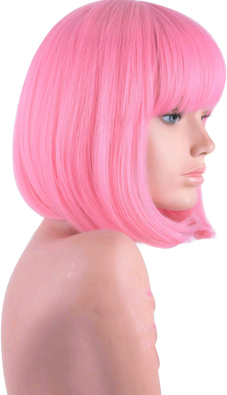 Pink Colored Short Bob Wig with Bangs for Women 12'' Straight Synthetic Wigs Halloween Custume Cosplay Party Wig image number 5
