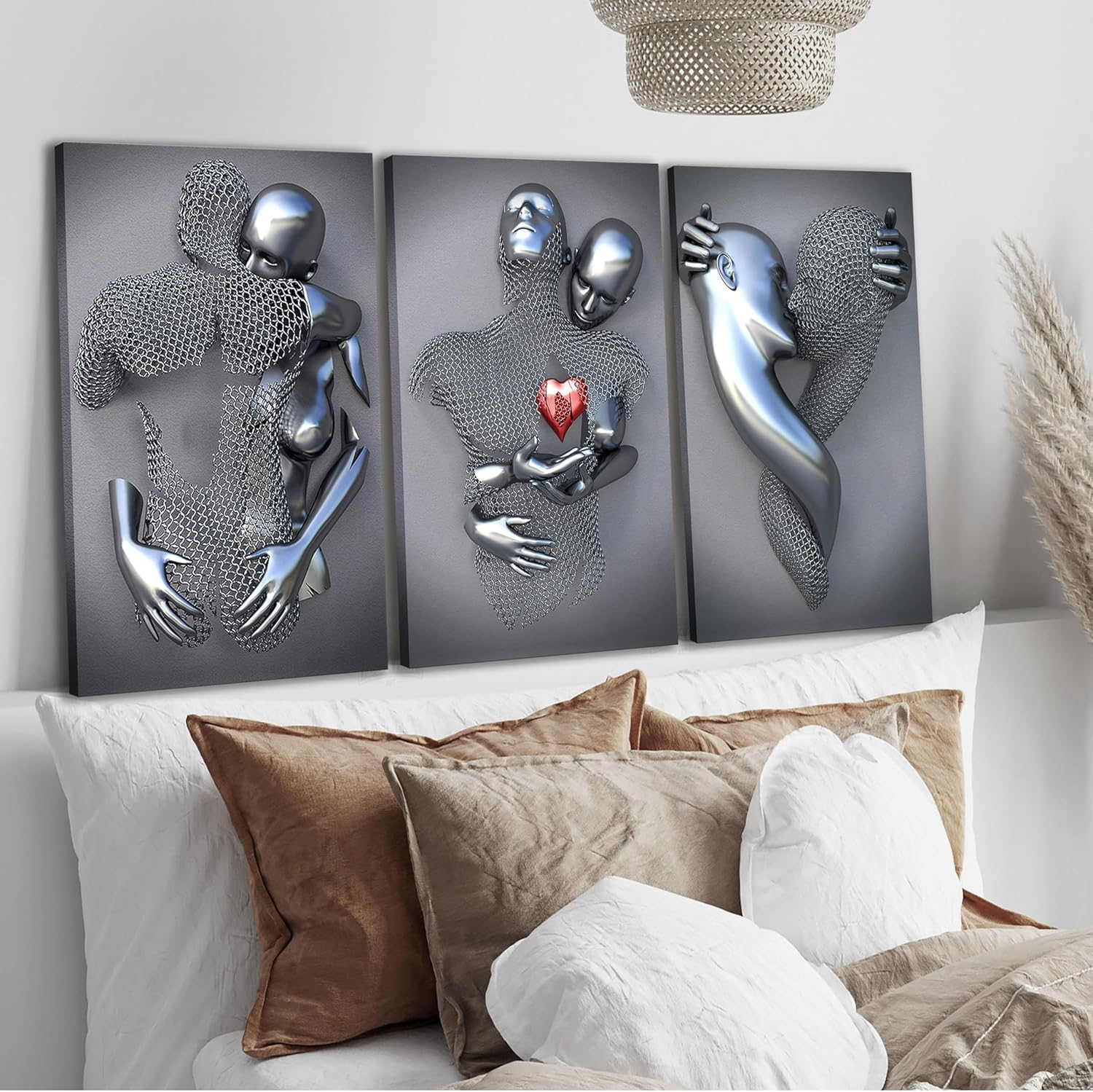 Framed Wall Art for Bedroom 3D Metal Effect Love Heart Couple Wall Art Decor for Living Room 3 Pieces Modern Abstract Grey Black and White Canvas Prints Poster Pictures Paintings for Wall Decorations image number 6