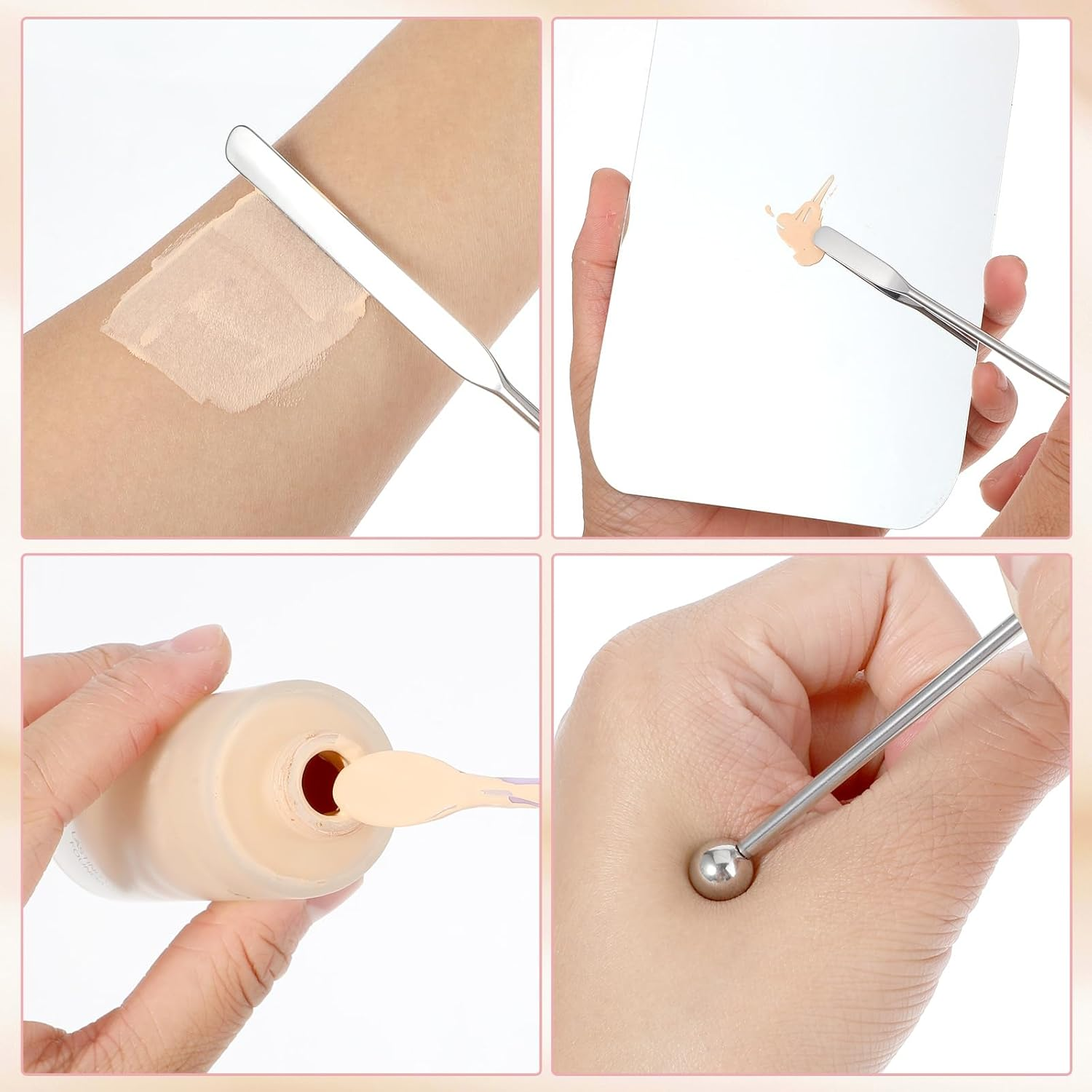 Makeup Spatula, Stainless Steel Depotting Spatula with Silicone Cosmetic Tools Make up Accessories for Cosmetics Mixing Blending Foundation Small Area of Face image number 6