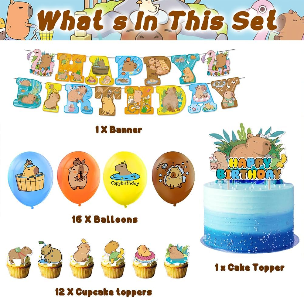 32PCS Capybara Theme Birthday Decoration,Capybara Theme Party Includes Birthday Banner Huggy Latex Balloons Cupcake Toppersfor Capybaracreative Party Birthday Party Christmas Supplies Kids image number 2