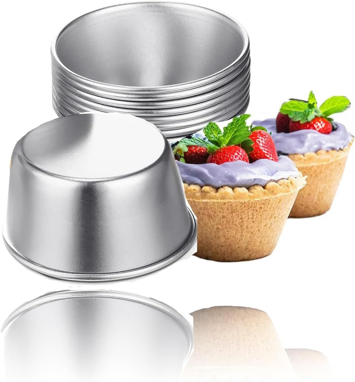 Mini Carbon Steel Egg Tart & Pudding Molds - Set of 10 Non-Stick round Bakeware Cups for Chocolate Molten, Cupcakes, Cakes, & Cookies - 6 X 4.4 X 3.6 Cm image number 2