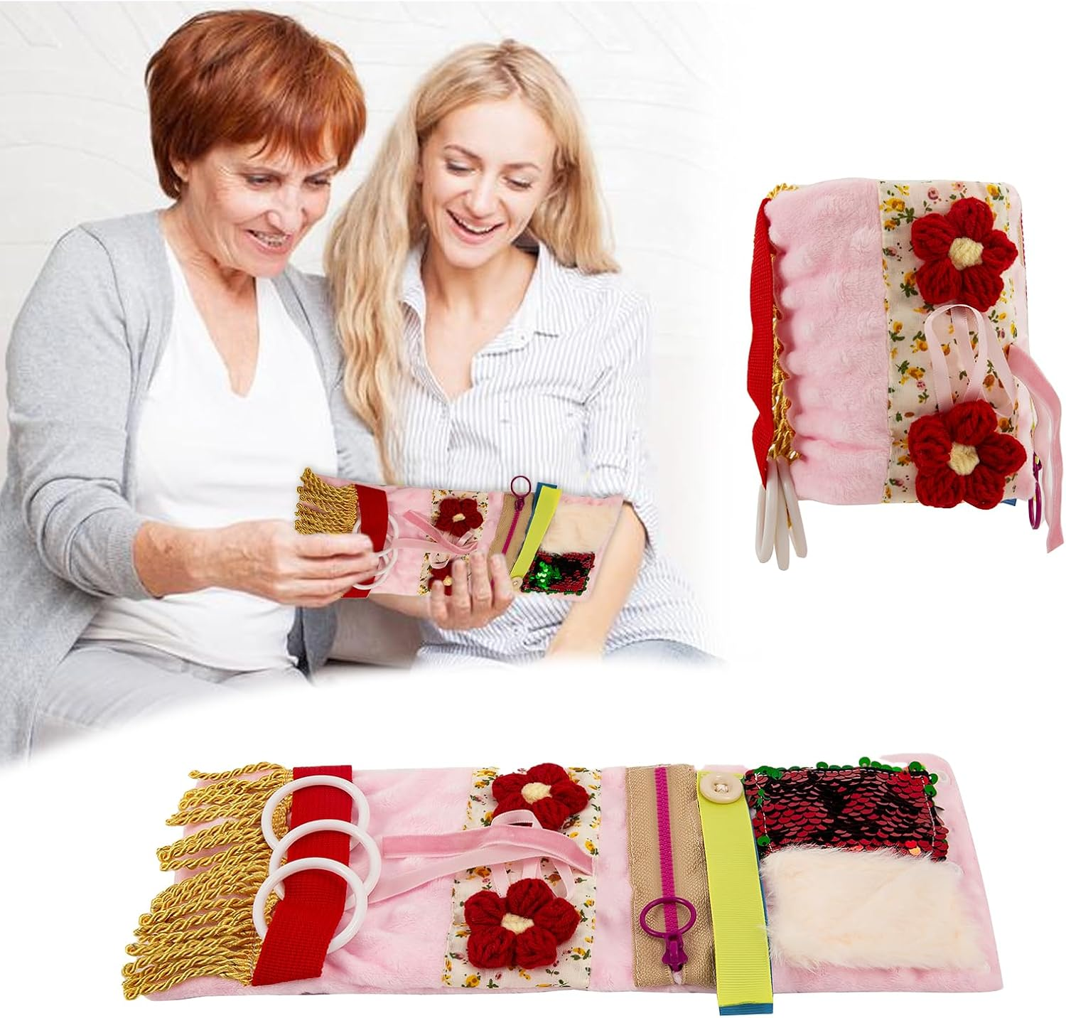 AGDGV Fidget Blanket for Alzheimer'S & Dementia Patients - Sensory Therapy Anxiety Relief Gifts for Seniors, Elderly Adults with Calming Textures, Pink Wrist Cuff Attachment, Dementia Activities Tools image number 5