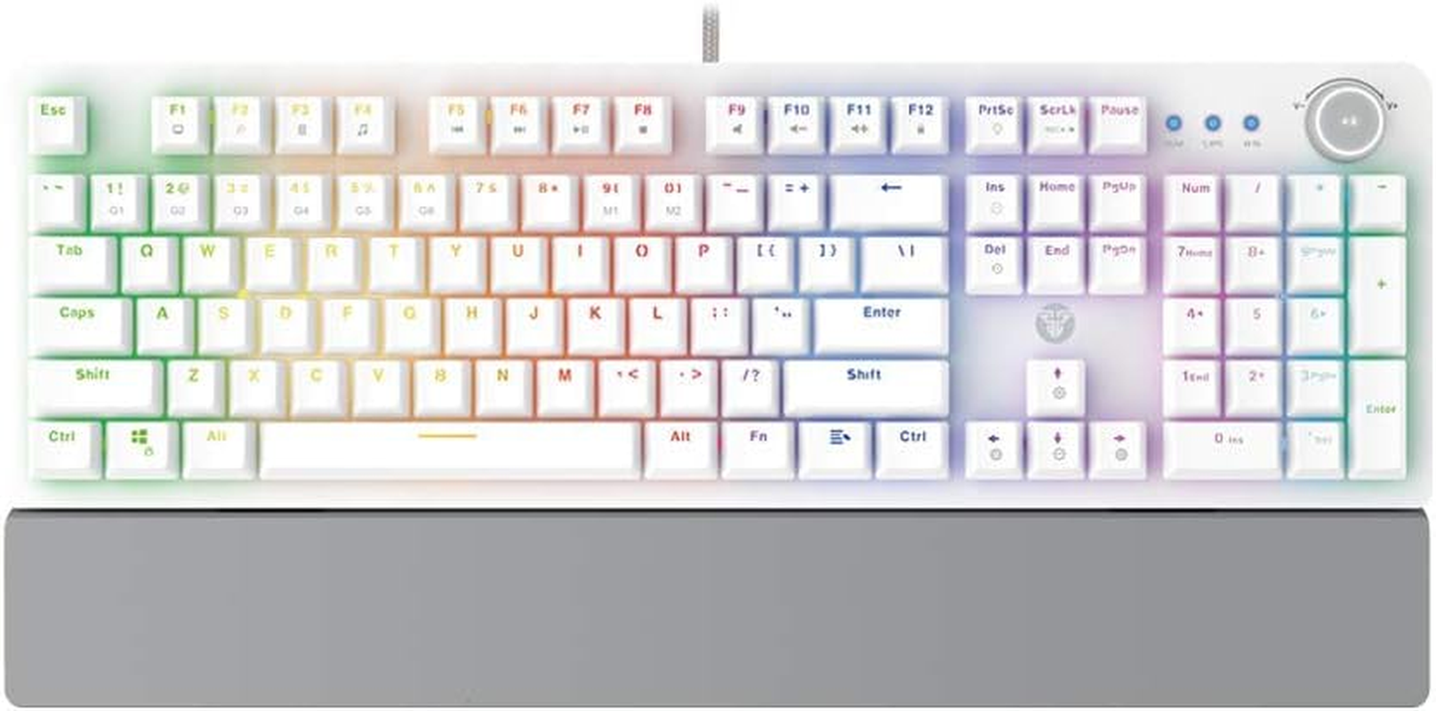 Fantech MK853 Gaming Mechanical Keyboard 104 Keys USB Wired RGB Backlight with Multi-Function Scroll with Ergonomic Wrist Pad (White Color-Red Switch)
