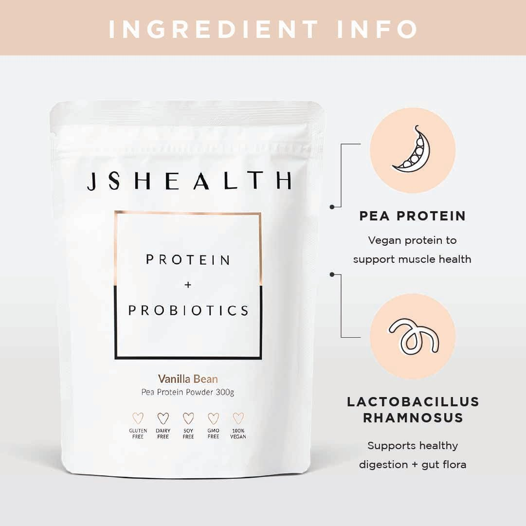 Jshealth Pea Protein Powder with Probiotics - Vanilla Bean Flavour |Gluten Free | Dairy Free | Free from Refined Sugar and Artificial Sweeteners (300 G Pouch)