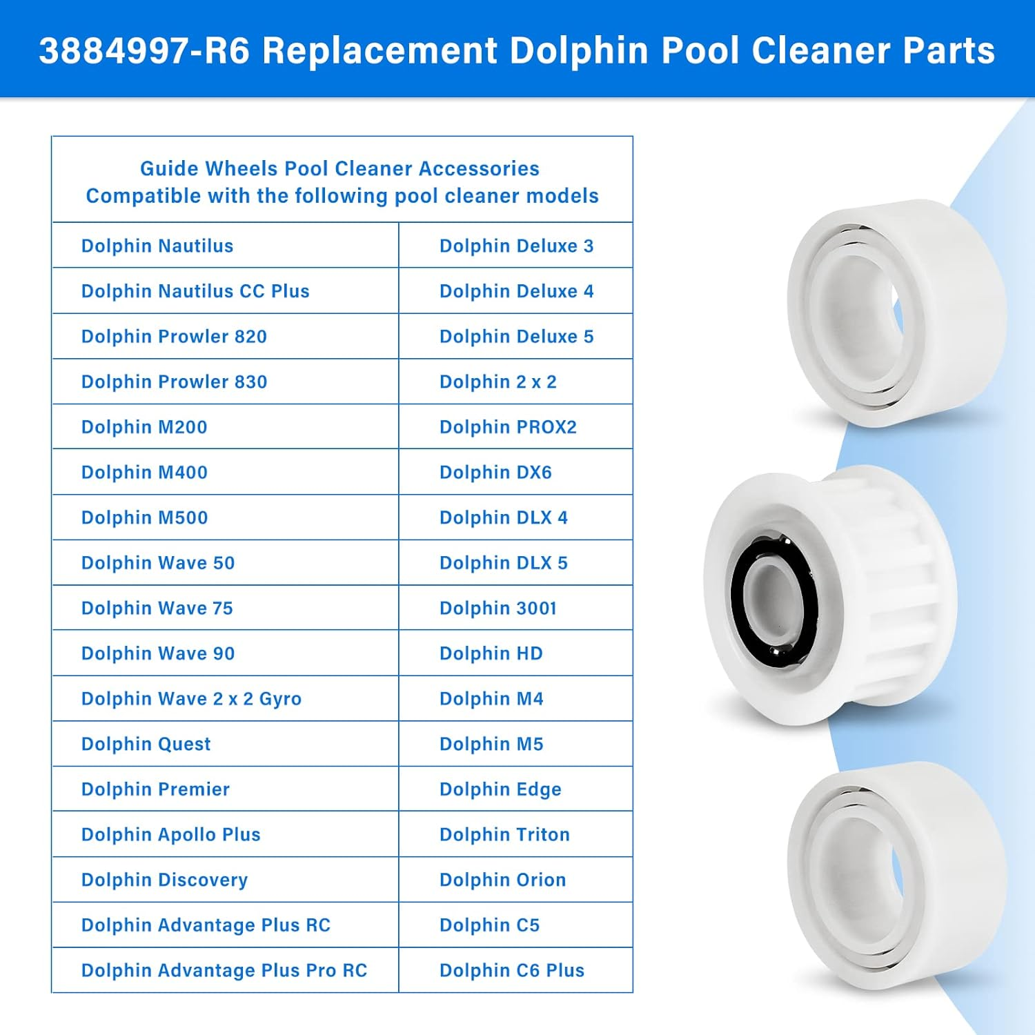 Automatic Robotic Pool Cleaner Replacement Parts, Guide Wheels 4 Pack with 2 Pack Pulley Gears 3884997-R6 for Maytronics Dolphin, Nautilus CC plus Pool Cleaner M200/M400/M500 &Dx3/Dx4/Dx6 image number 3