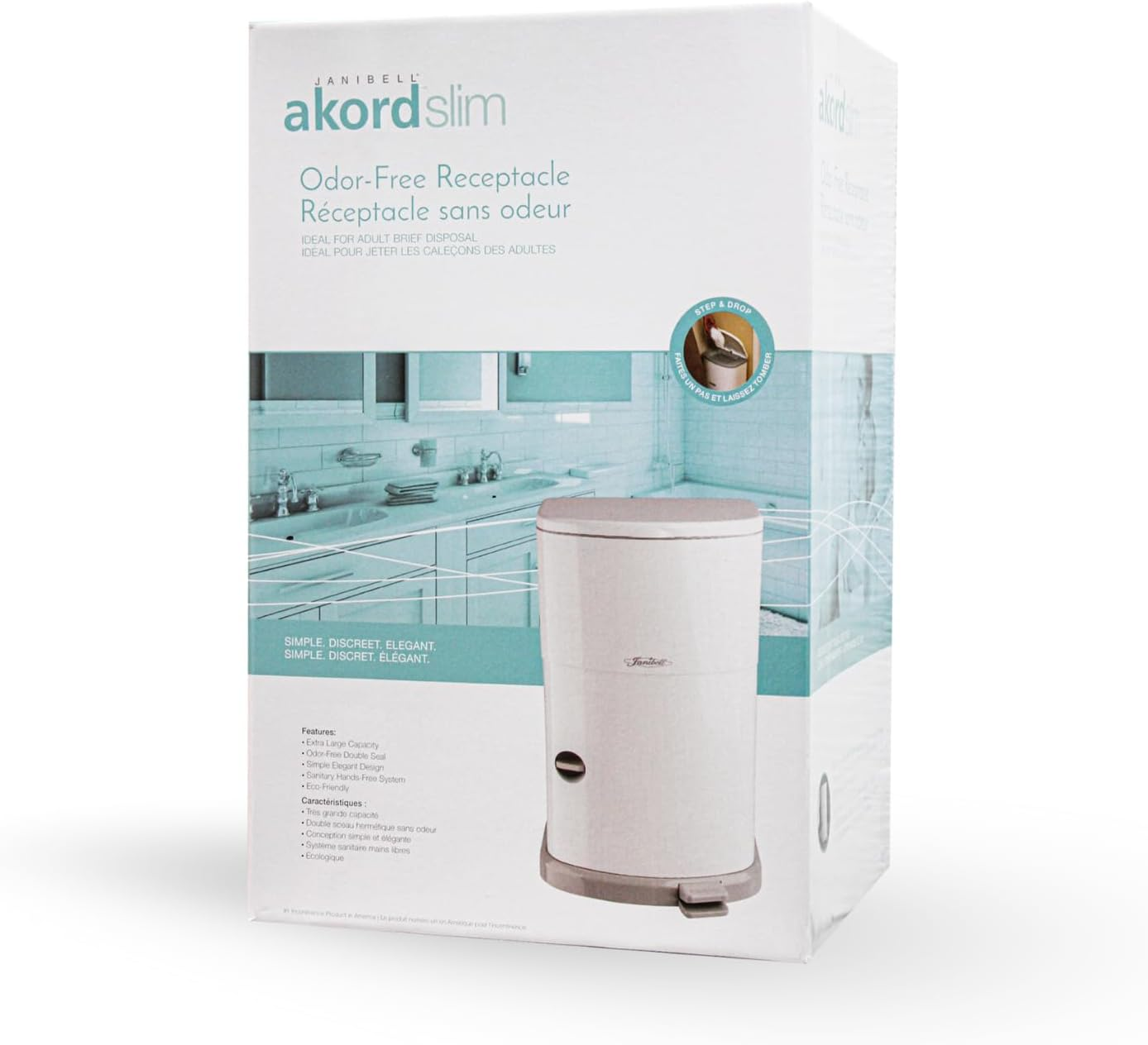 Janibell Akord Slim Adult Diaper Disposal System 7 Gallon Odor Locking Double-Sealed Adult Diaper Pail with Hands-Free Foot Pedal, Holds 22 Large Briefs, Continuous Liner, Durable ABS Resin image number 5
