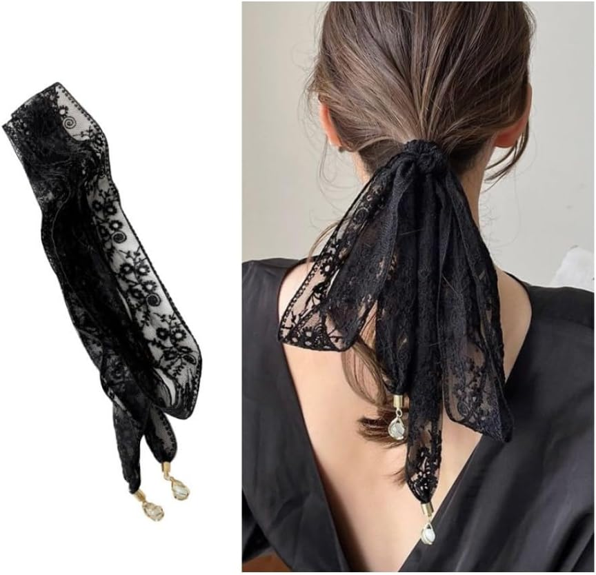 FUNNTY Head Scarf for Women Lace Hair Bandana Headband 80S Long Hair Ribbon for Neck Purse Scarf Lace Embroidery Hair Ties for Braid Vintage Hair Ribbons for Ponytail, Black