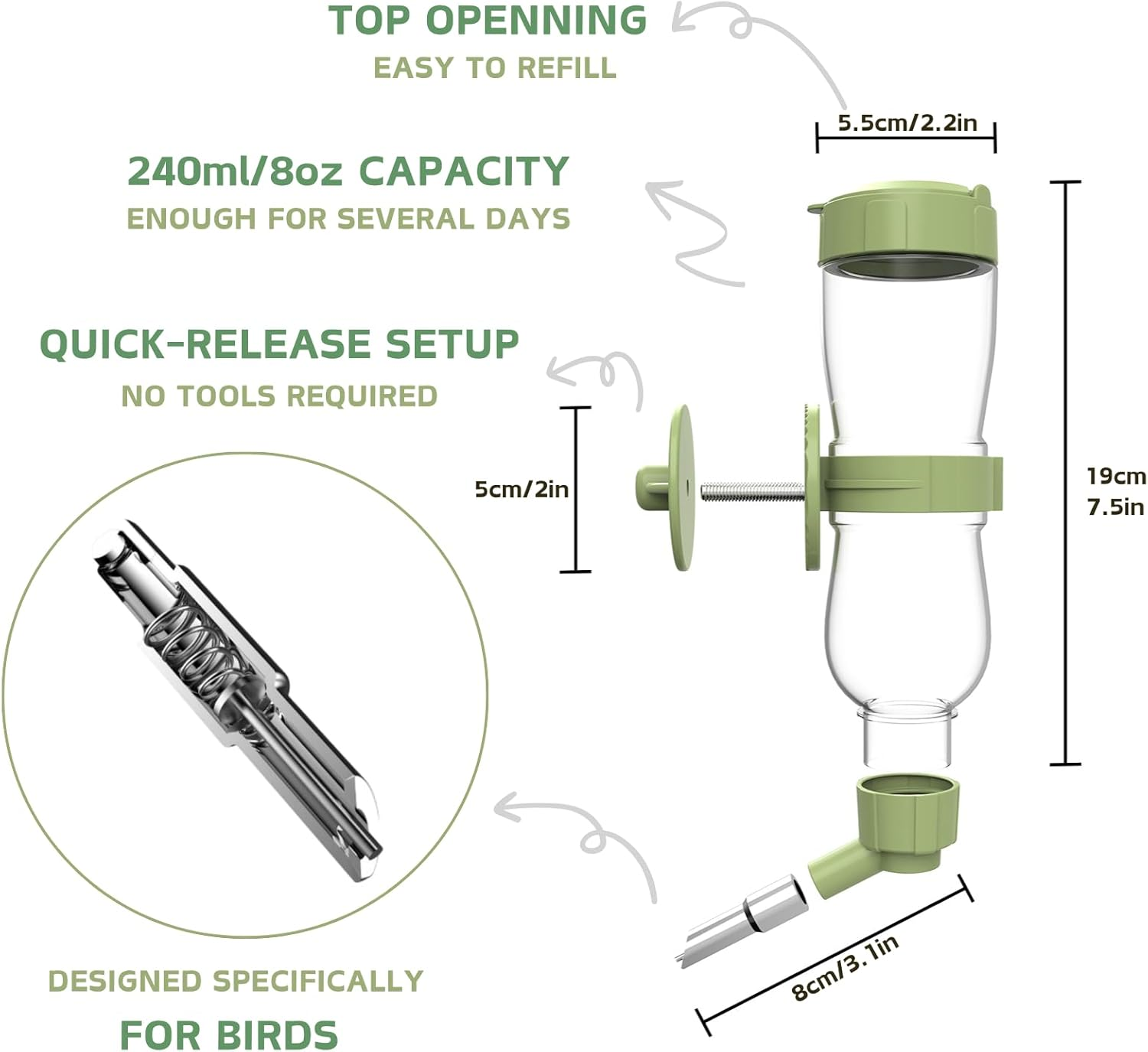 Bird Bath, Automatic Water Dispenser for Cage, Hanging Water Bottle for Parakeets, Canaries, Cockatiels, Finches, Budgies (Green, 240Ml) image number 1