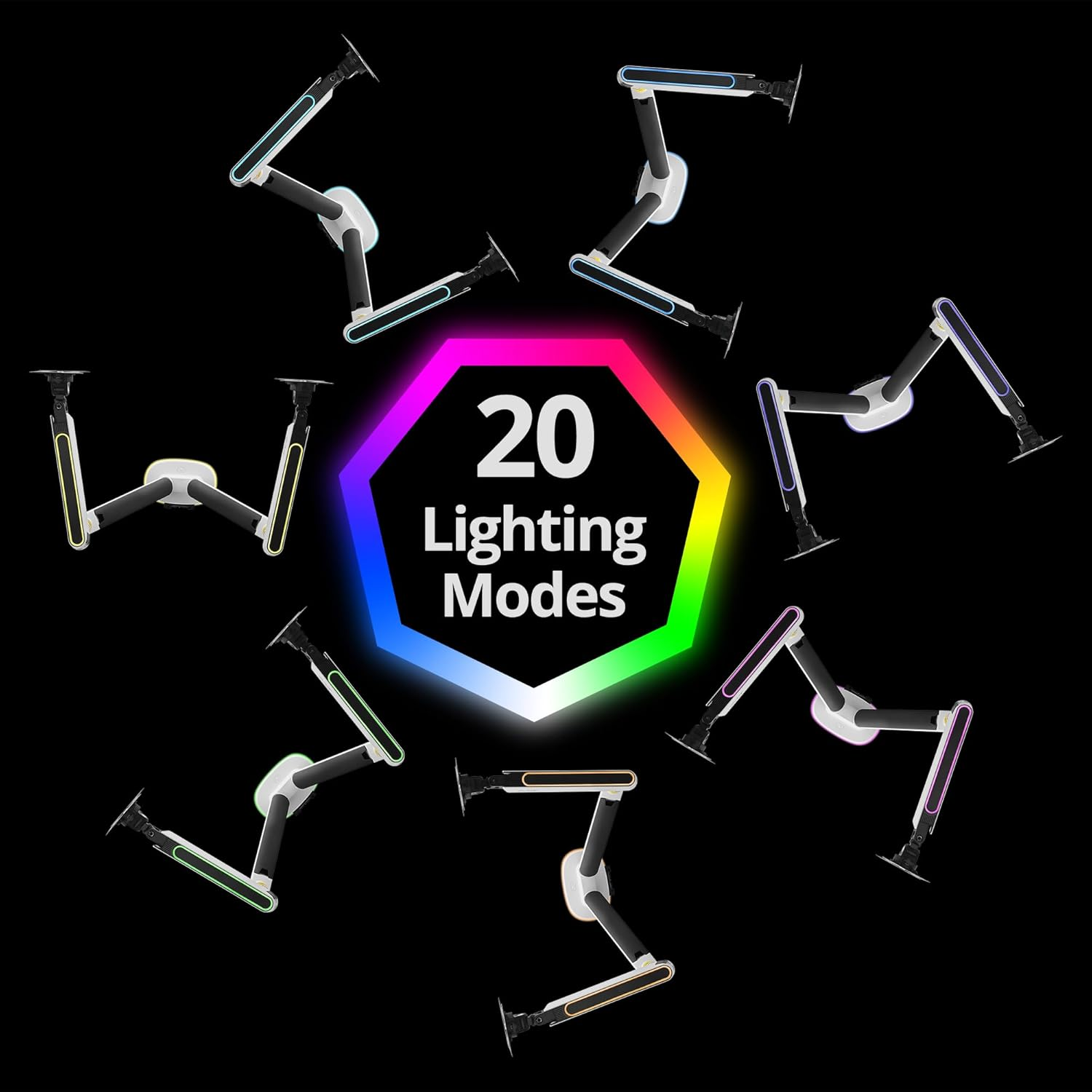 AVLT Dual RGB Gaming Monitor Arms Desk Mount, Fits 27&rdquo;-43&rdquo; Monitors, 20 Lighting Modes with Touch Control, Adjustable Height, Swivel Tilt Rotation Stand - White image number 3