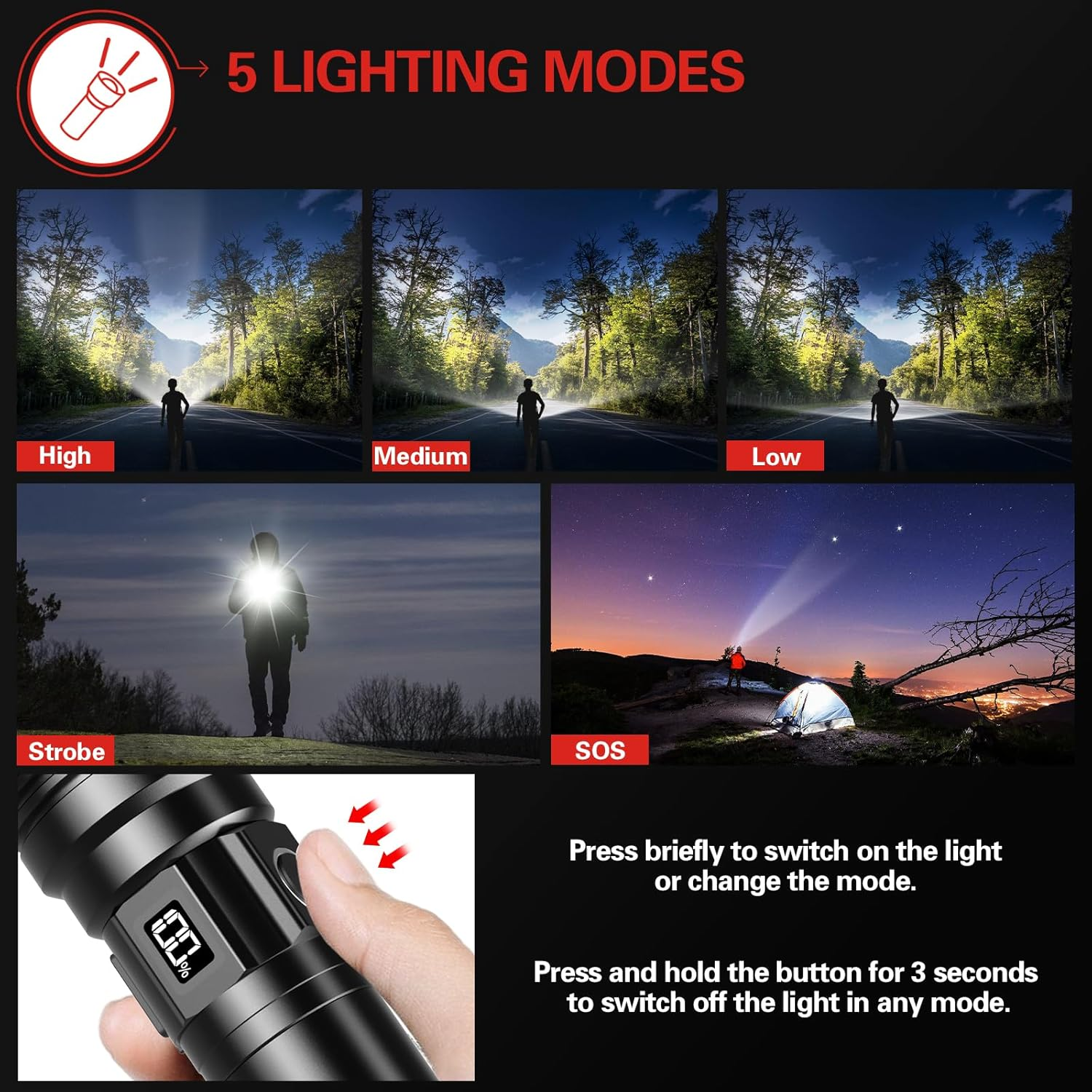 WOWNIGHT LED Torch Rechargeable Flashlights,30000 Lumens Super Bright Handheld Torches,Powerful Tactical Torch Light,Waterproof Torch Flash Light for Emergency Camping Hiking Dog Walking Gift image number 2